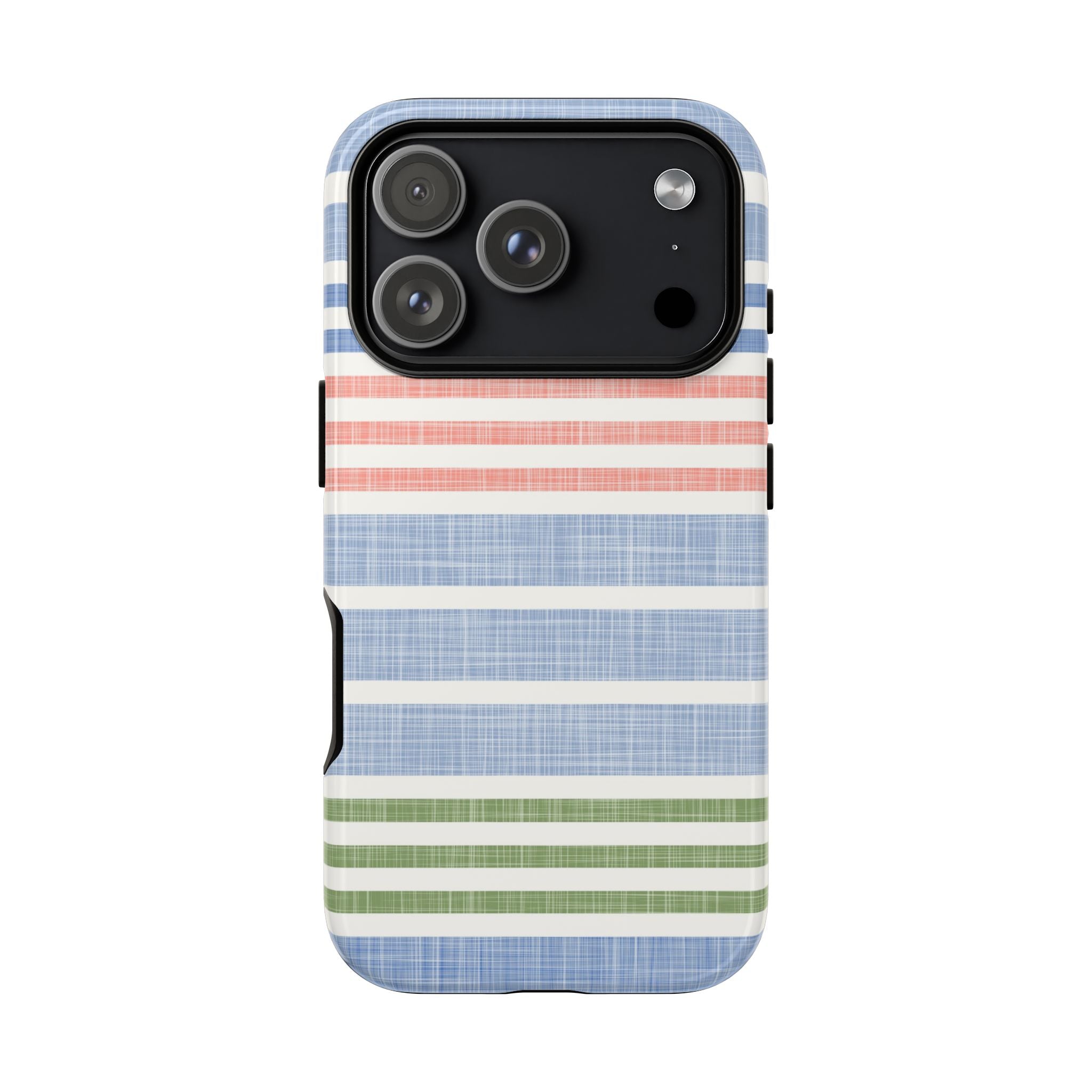 Cabana Stripe Pastel Tough iPhone 17 Pro Case – Glossy | soft blue, coral, sage green chambray-textured stripe print dual-layer protection