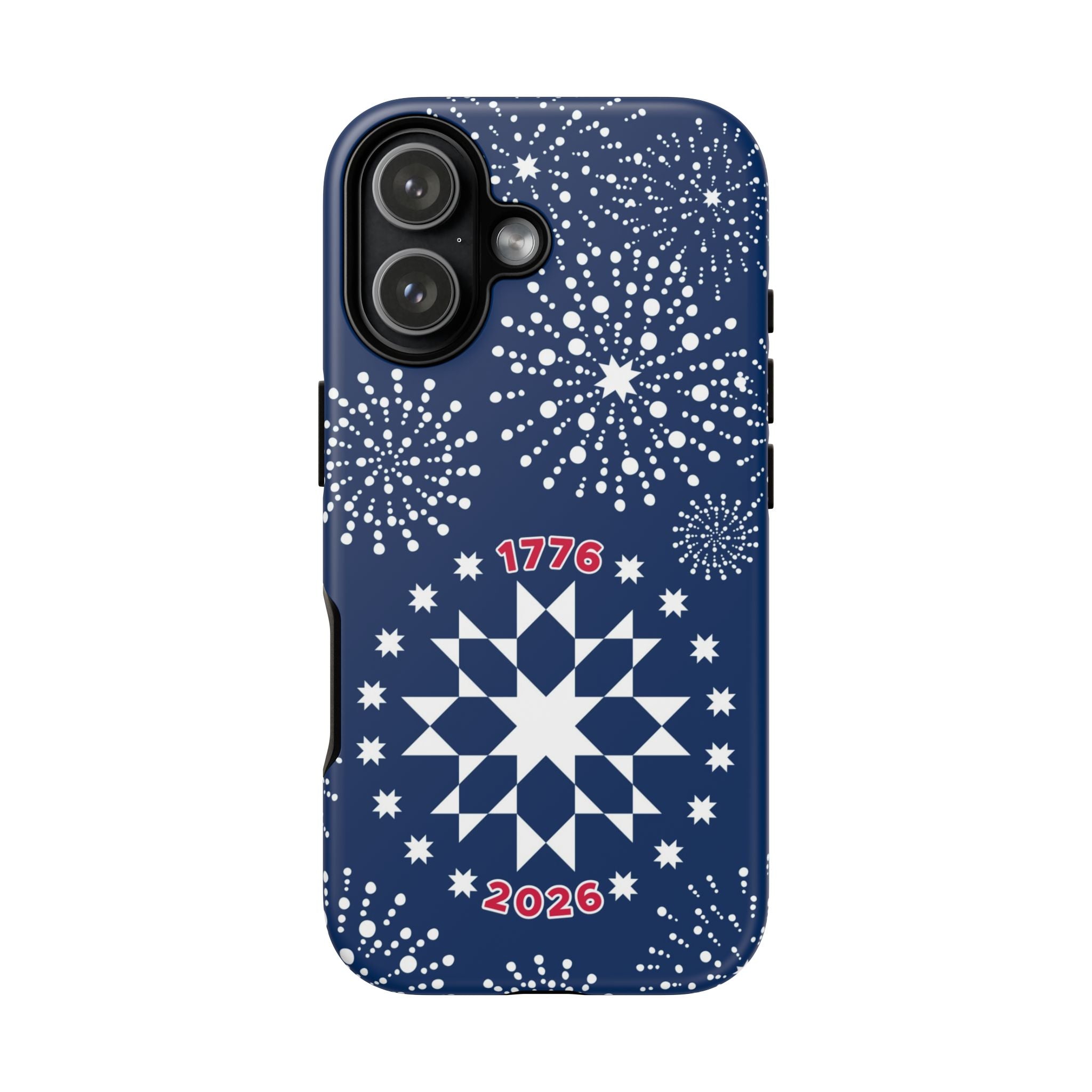250th Fireworks Tough iPhone 17 Case – Matte | navy, white patriotic star quilt fireworks print