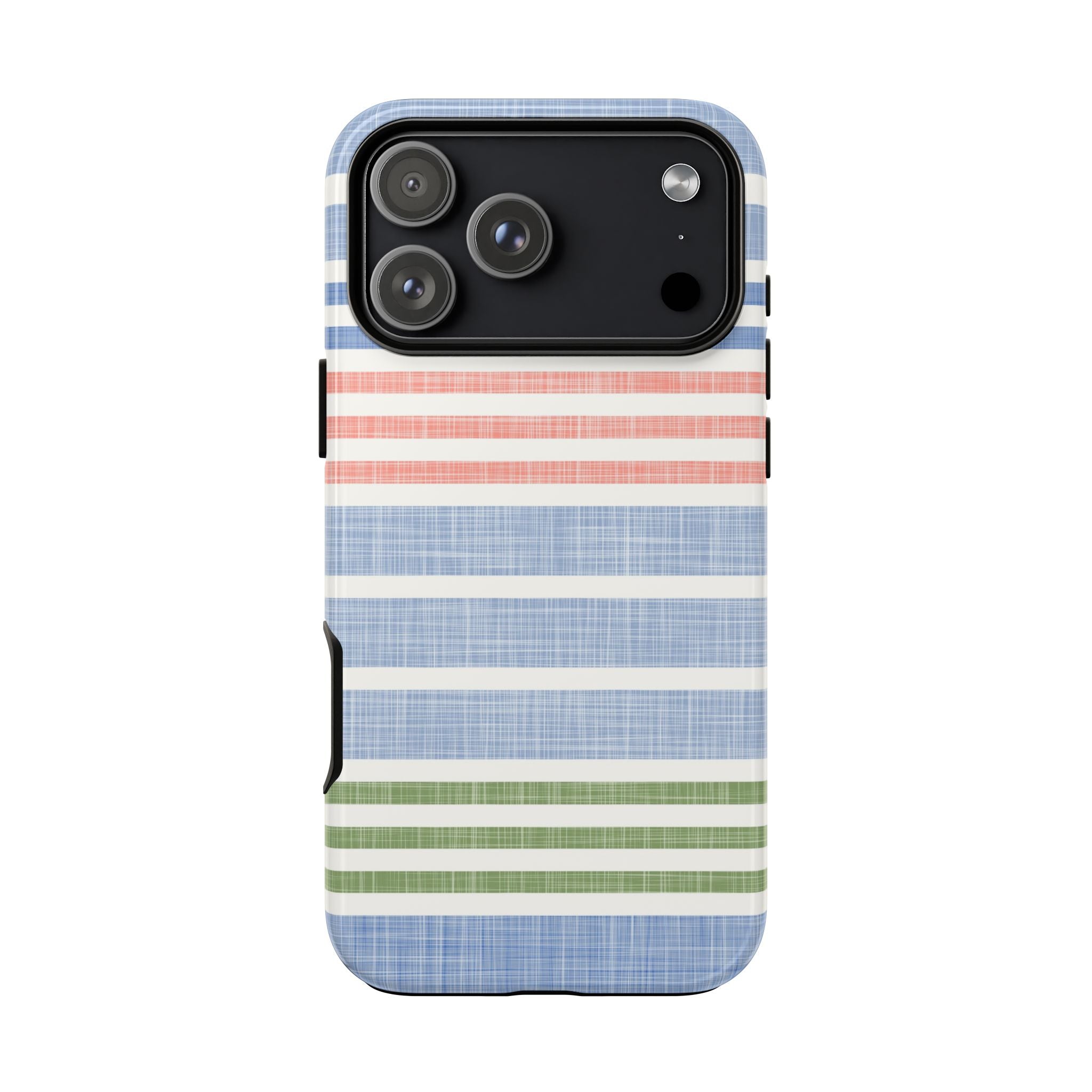 Cabana Stripe Pastel Tough iPhone 17 Pro Max Case – Glossy | soft blue, coral, sage green chambray-textured stripe print dual-layer protection