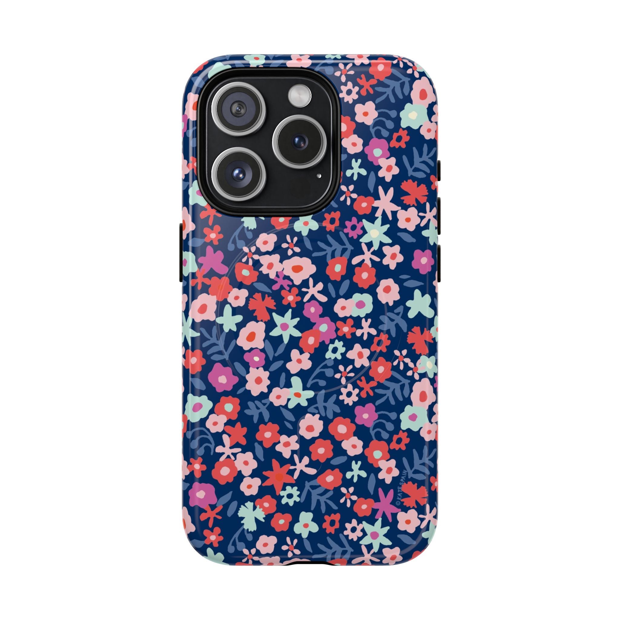 Primrose MagSafe iPhone 15 Pro Case – Glossy | navy, pink, white ditsy floral print