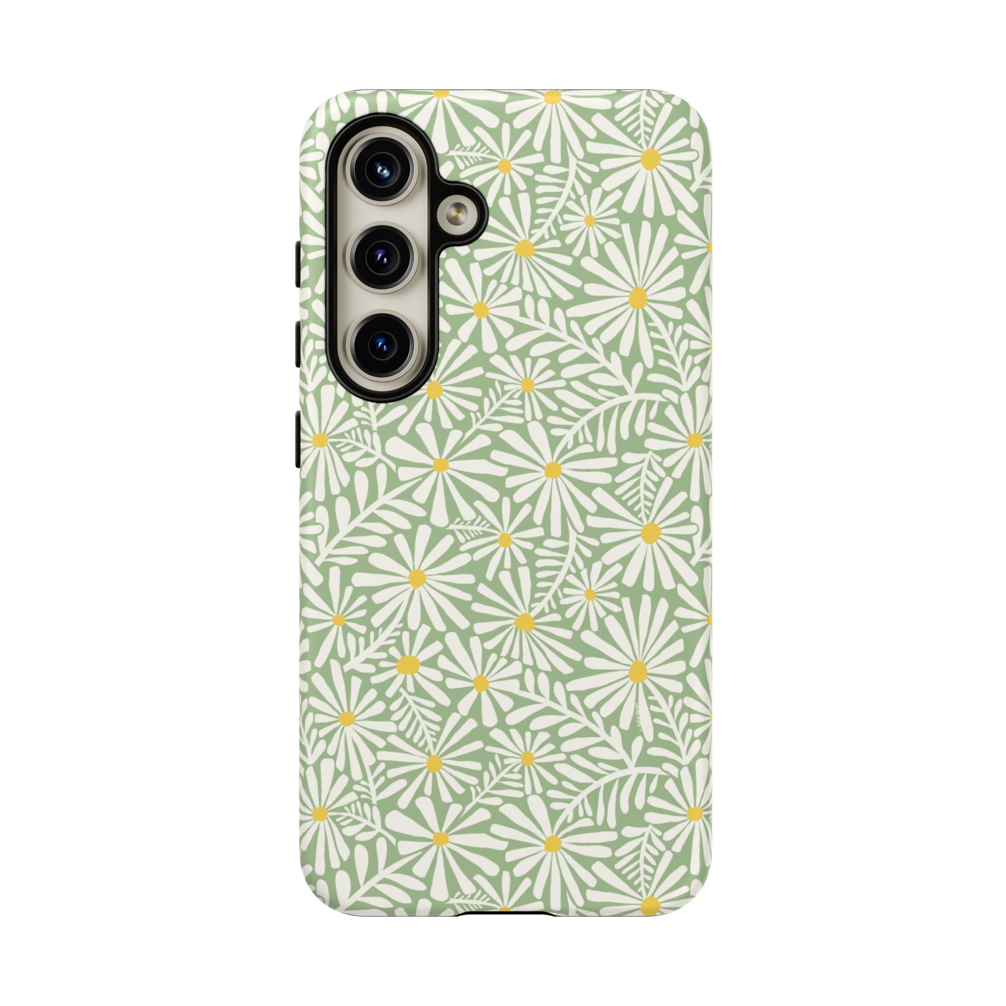 Montauk Daisy Meadow Green Samsung Galaxy S24 Matte case — white daisy and fern print on sage green by Kate Spain