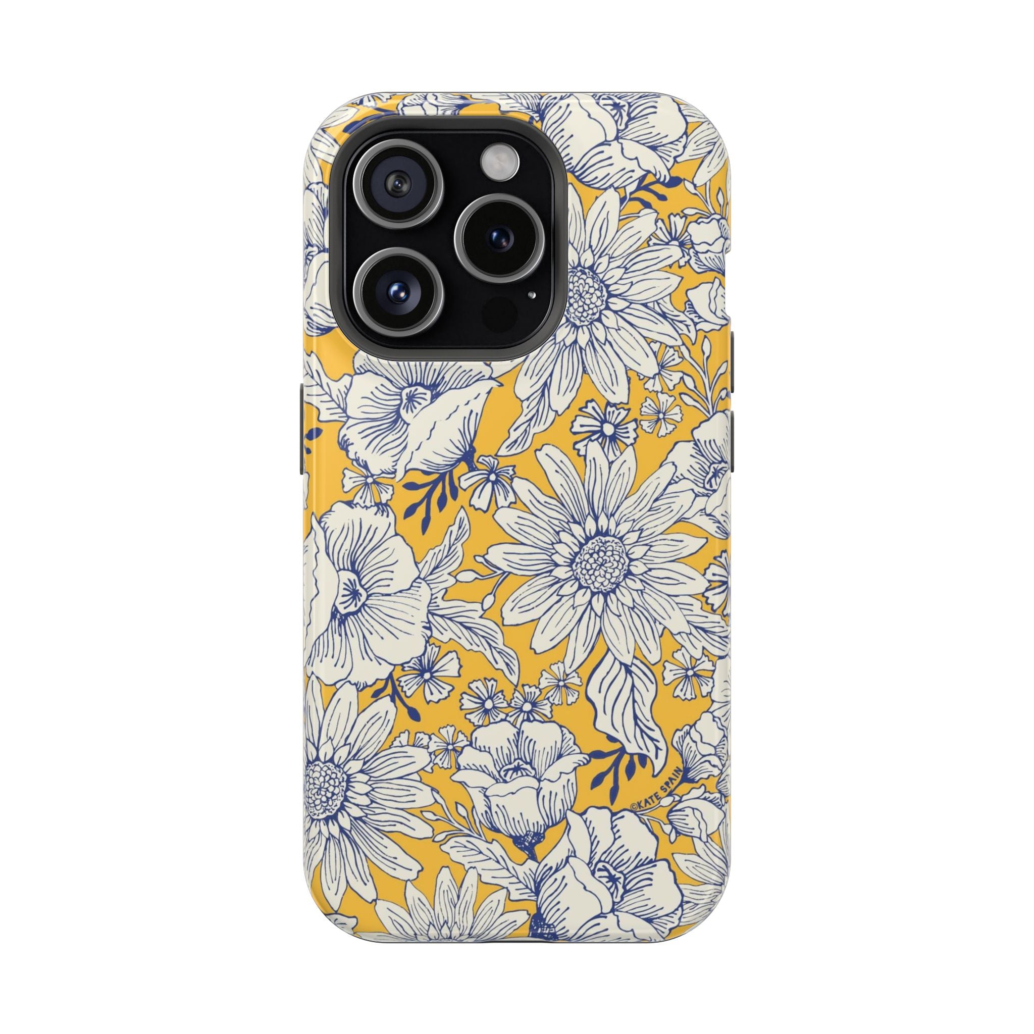 Jardin Luxury MagSafe iPhone 15 Pro Case – Glossy | yellow, cream, blue botanical floral print