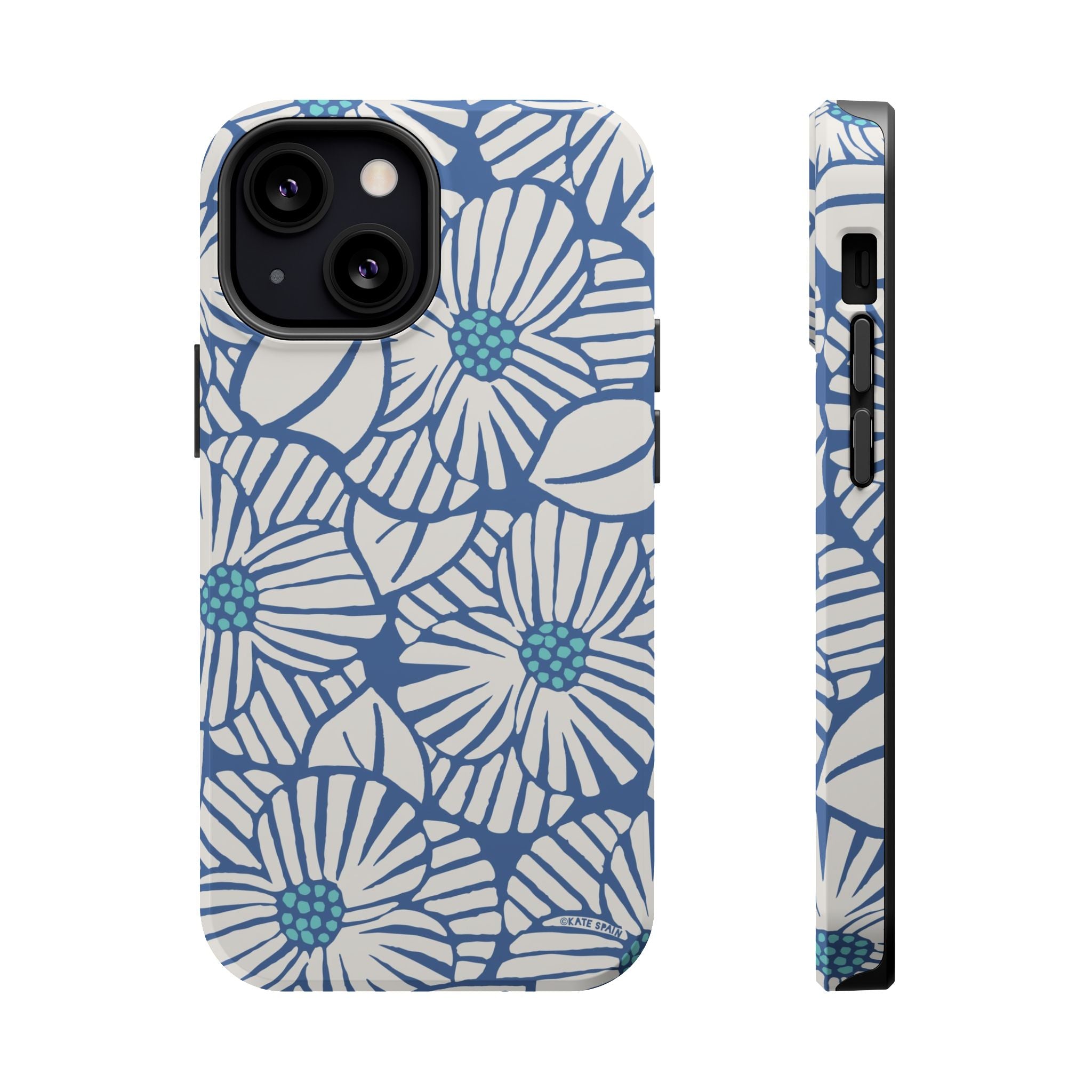 Calendula MagSafe iPhone 13 mini Case – Matte | slate blue, cream, teal kimono botanical print