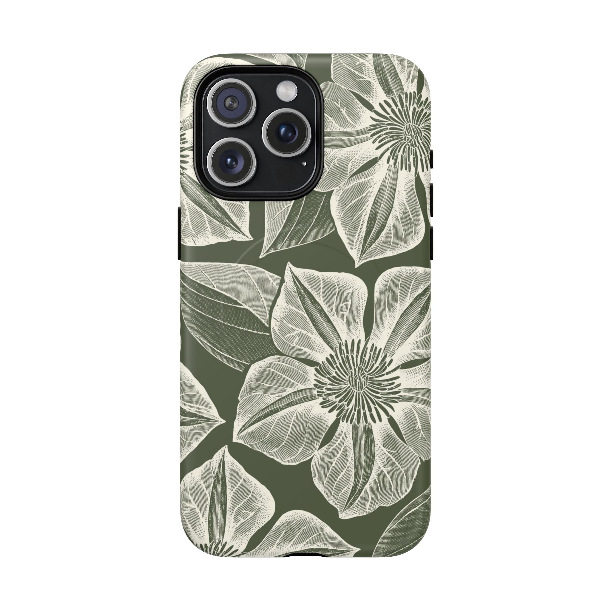 Vintage Bloom Cypress MagSafe iPhone 15 Pro Max – Matte | cypress green ground, large-scale white clematis print, engraved petal detail, dual-layer protection