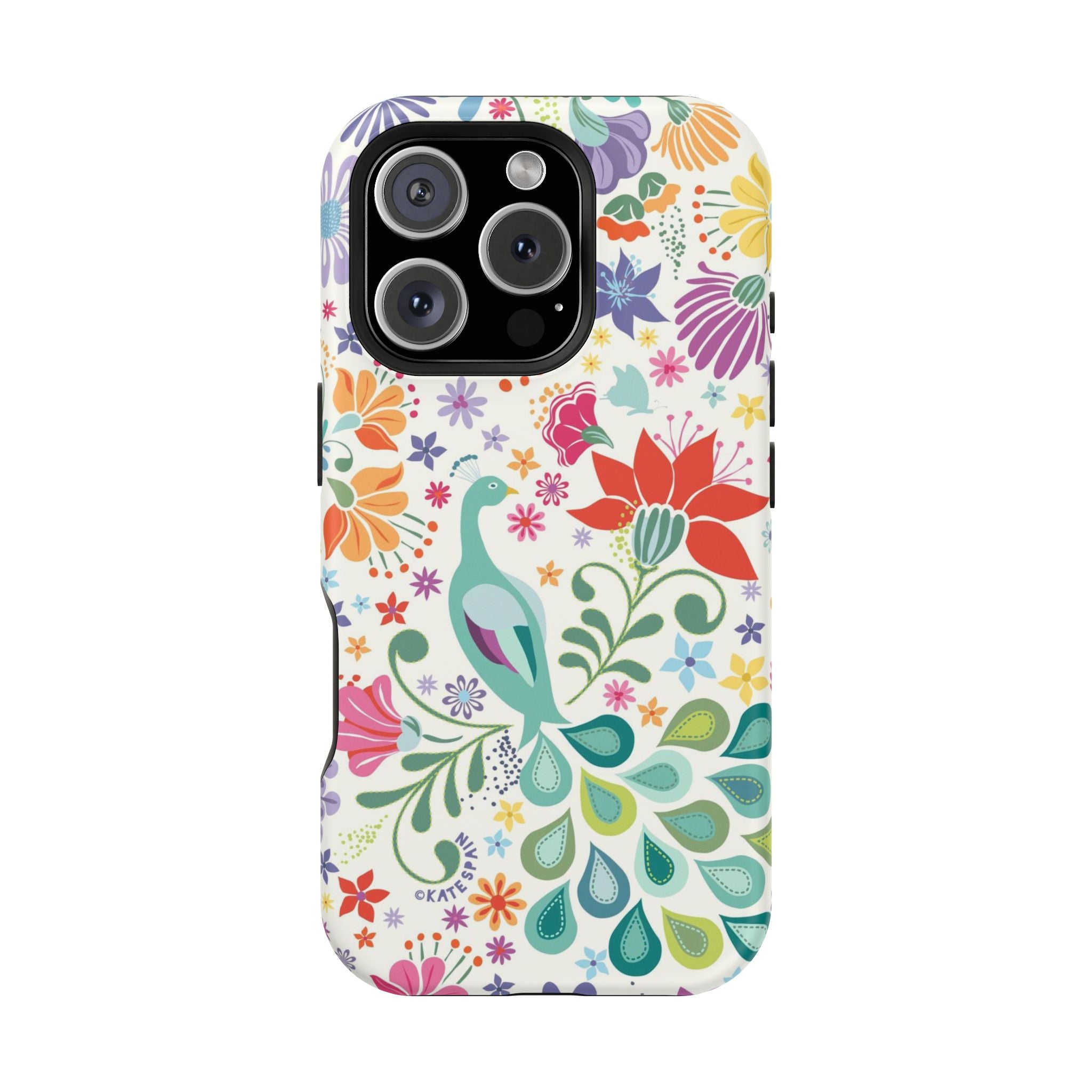 Peacock Sanctuary MagSafe iPhone 16 Pro Case – Glossy | ivory, teal, navy peacock botanical print MagSafe compatible, dual-layer protection