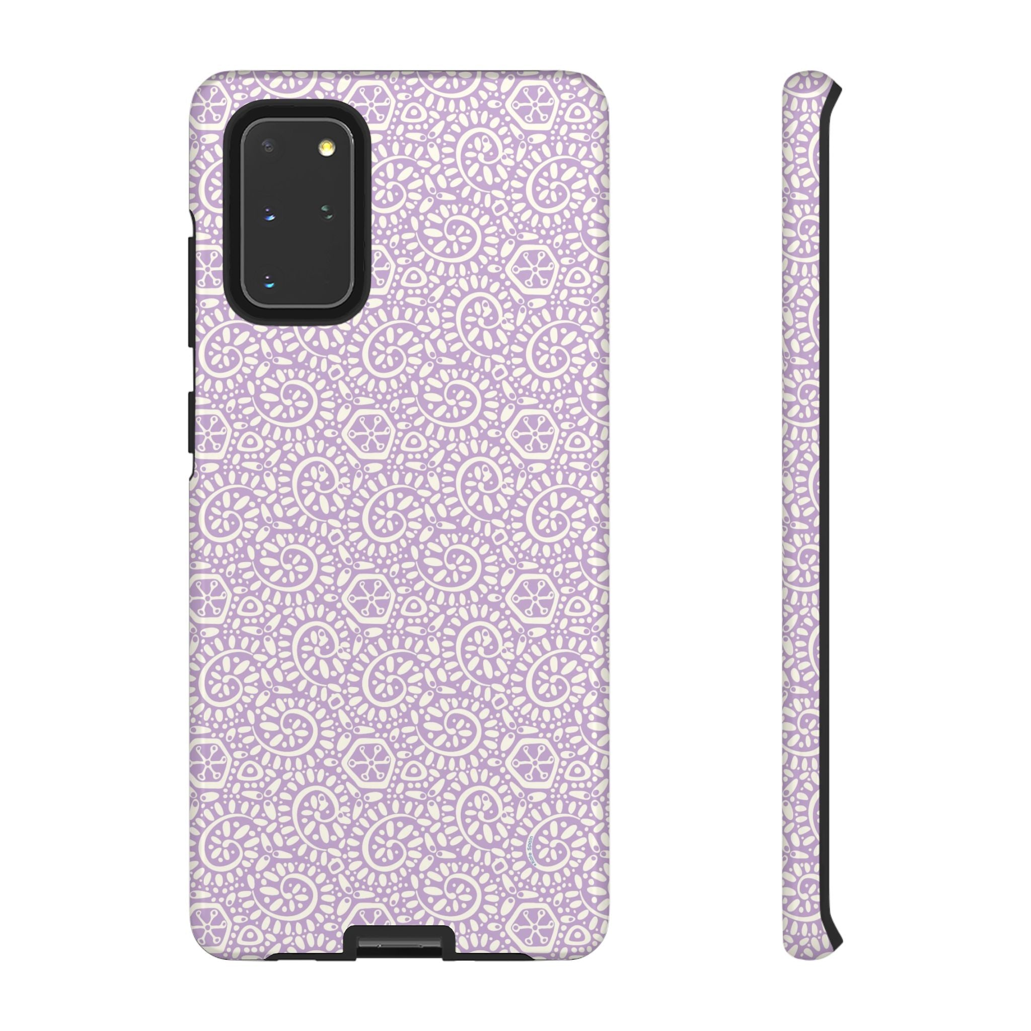 Canto Swirls Lavender Samsung Galaxy S20+ Glossy Case — lavender hard case covered in an intricate folk-art medallion pattern of radiating circular motifs, dot clusters, and geometric centers