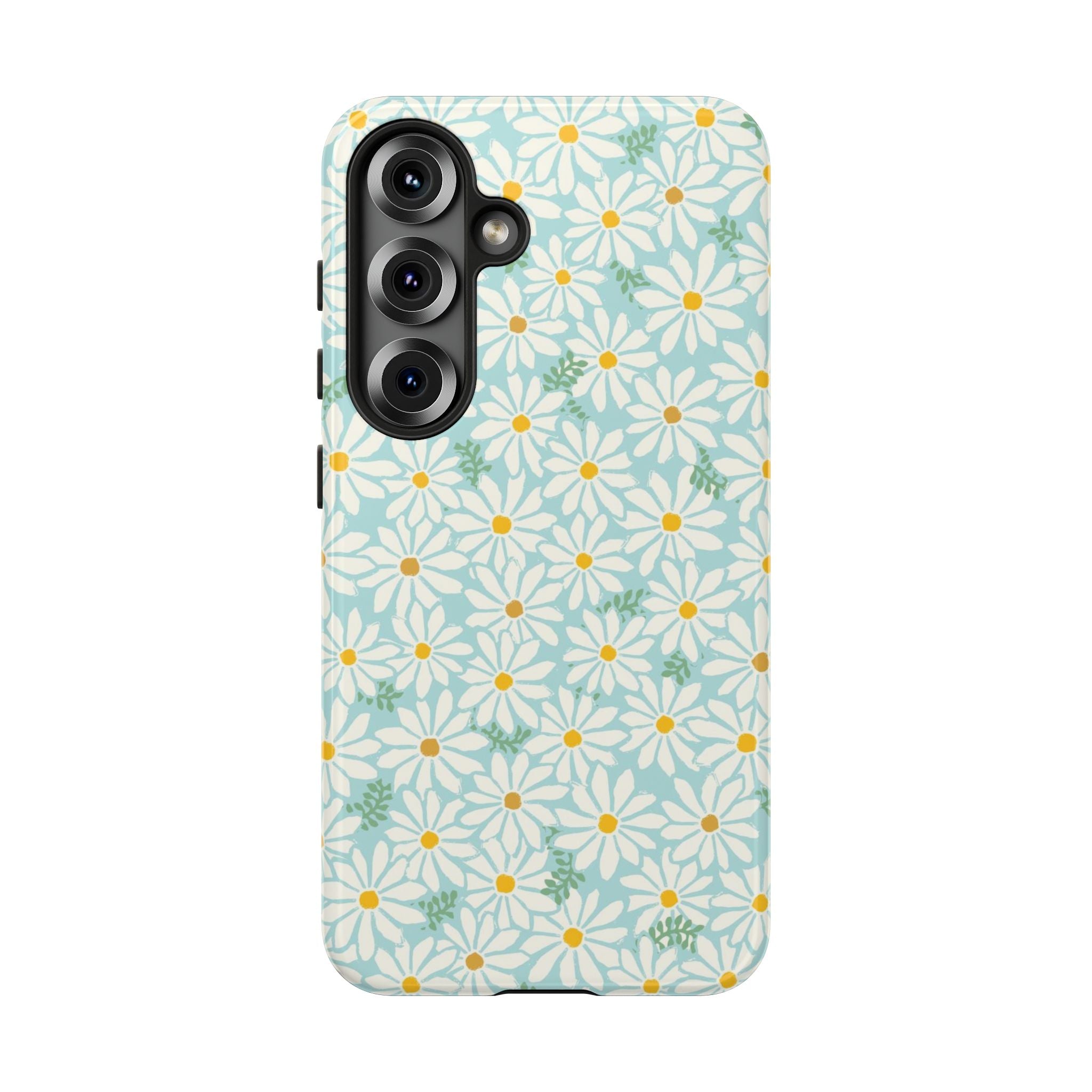 Daisies Samsung Galaxy S25 Case – Glossy | sky blue, white daisy print, golden yellow centers, mint green leaves dual-layer protection
