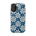Designer Modern Dahlia Tough iPhone 17 Case – Glossy | navy, cobalt, white dahlia floral print
