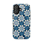 Designer Modern Dahlia Tough iPhone 17 Case – Glossy | navy, cobalt, white dahlia floral print