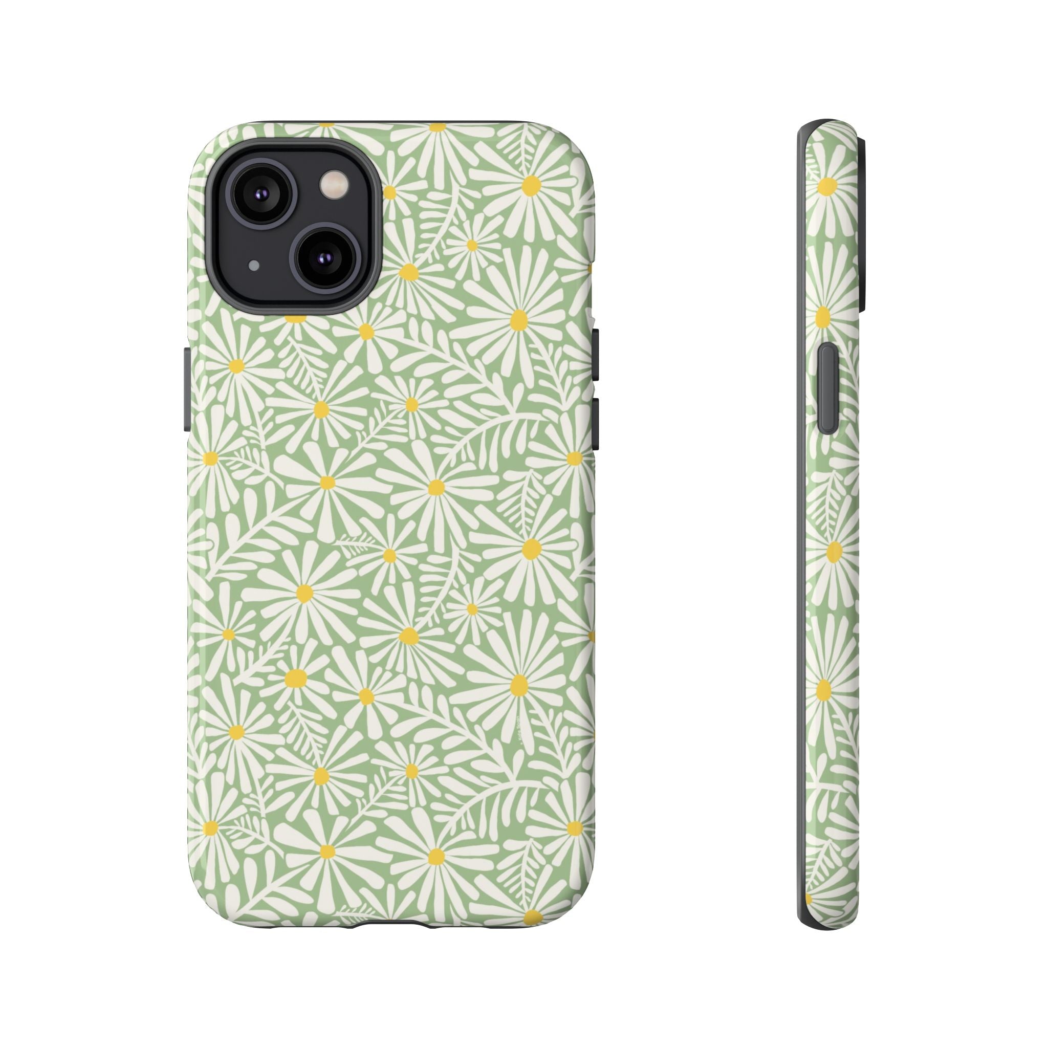 Montauk Daisy Meadow Green iPhone 14 Plus Case – Glossy | sage green, white graphic daisy and fern print, golden yellow centers | dual-layer protection