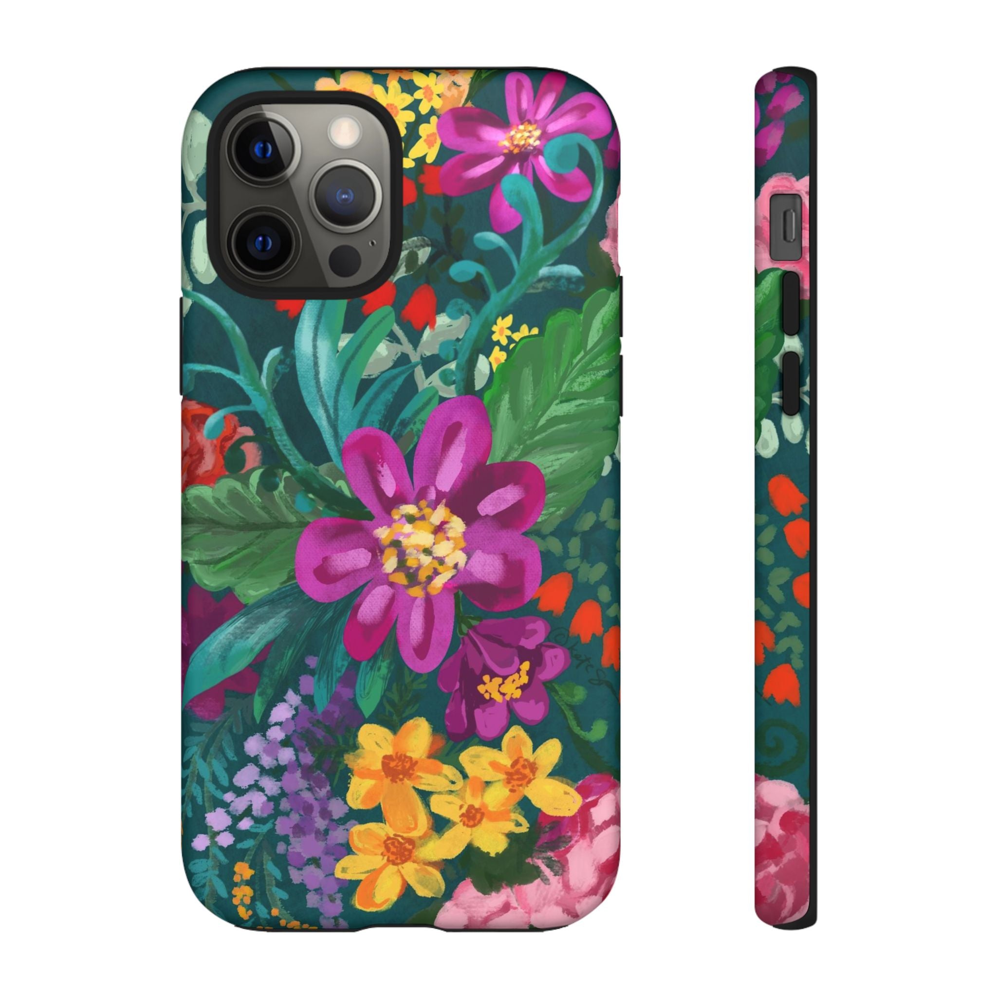 Posy Tough iPhone 12 Pro Case – Matte | teal, purple, magenta, yellow botanical wildflower print