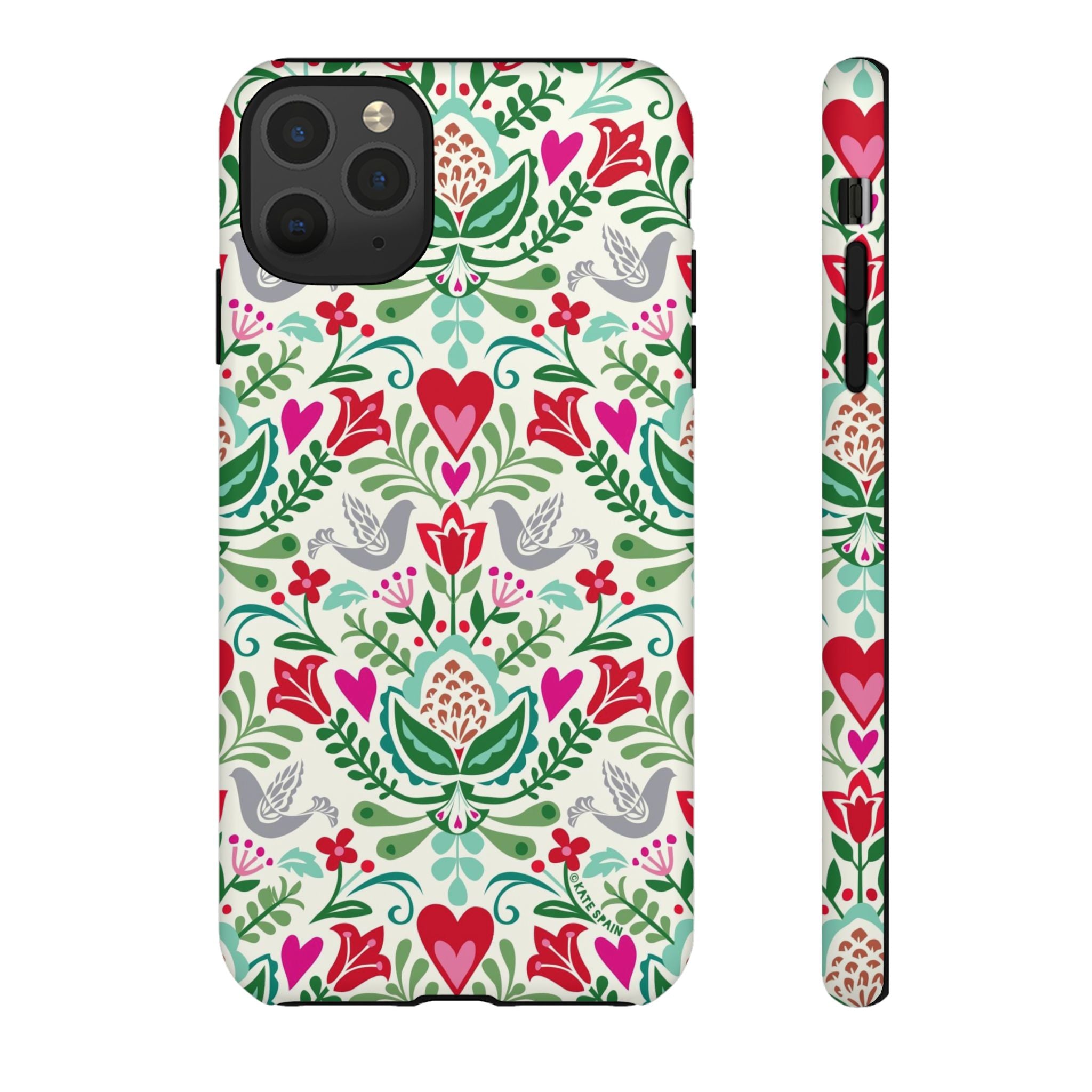 Rosemaling Tough iPhone 11 Pro Max Case – Matte | cream, red, pink, green, gray folk art floral bird print