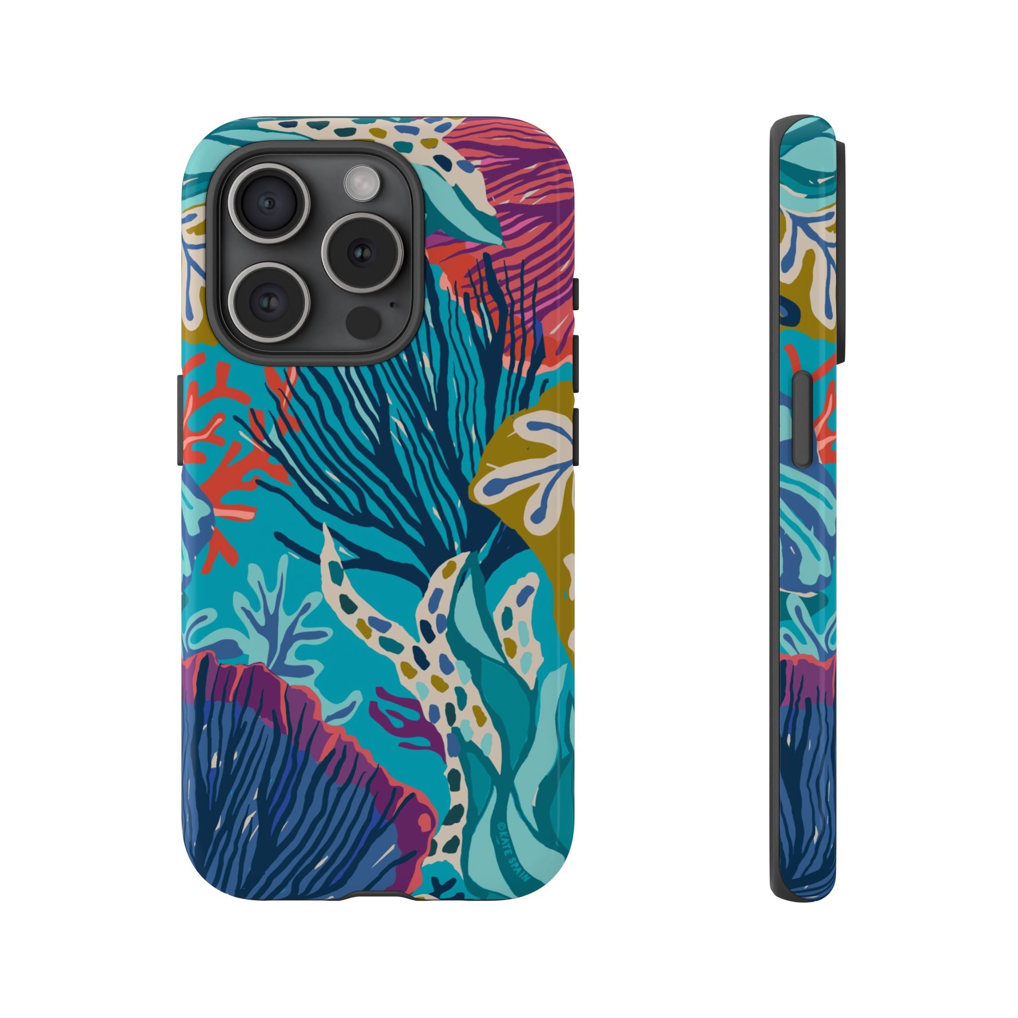 Reef Tough iPhone 15 Pro Case – Glossy | teal, coral, navy, purple botanical coral reef print