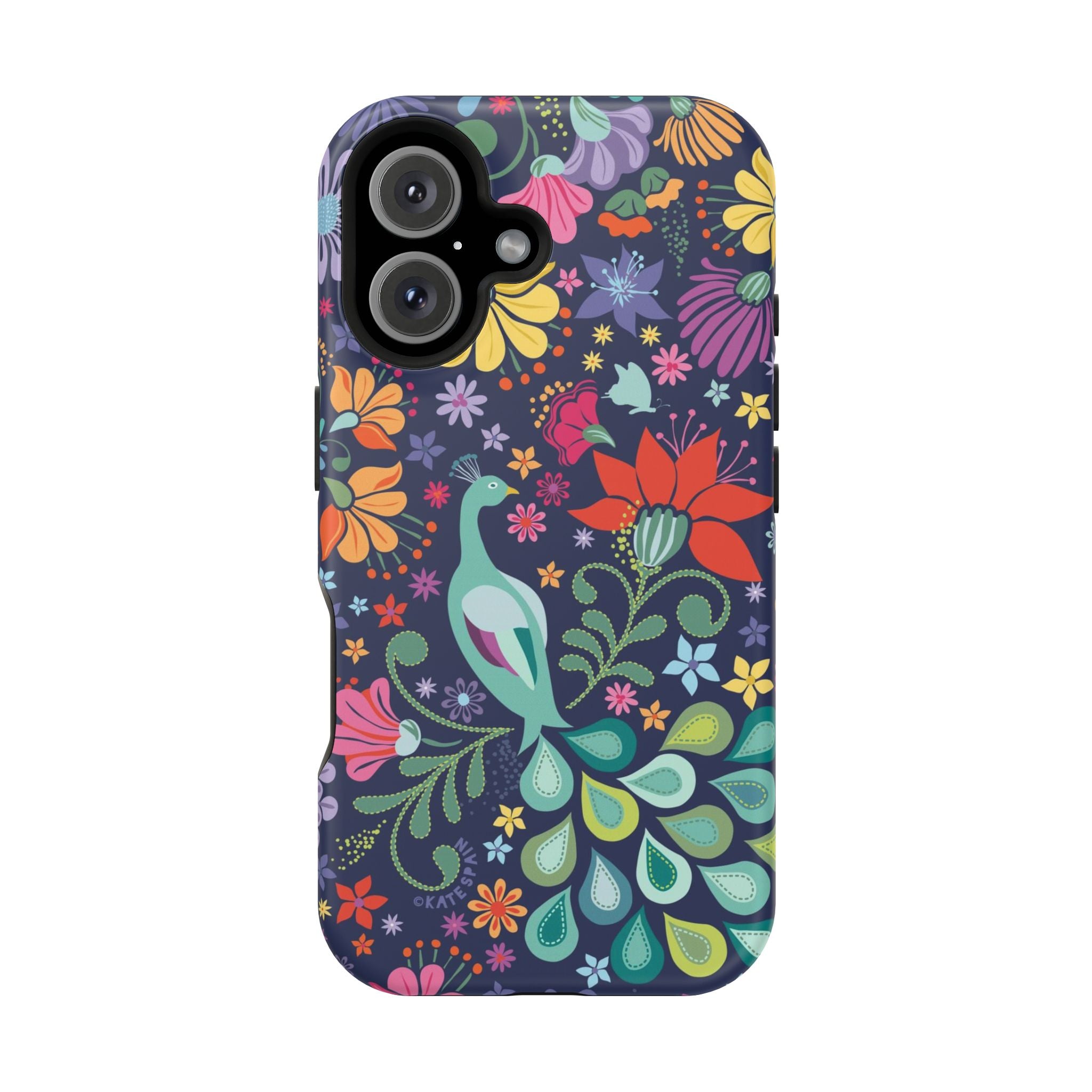 Peacock Sanctuary MagSafe iPhone 16 Case – Matte | navy, teal, ivory peacock botanical print MagSafe compatible, dual-layer protection