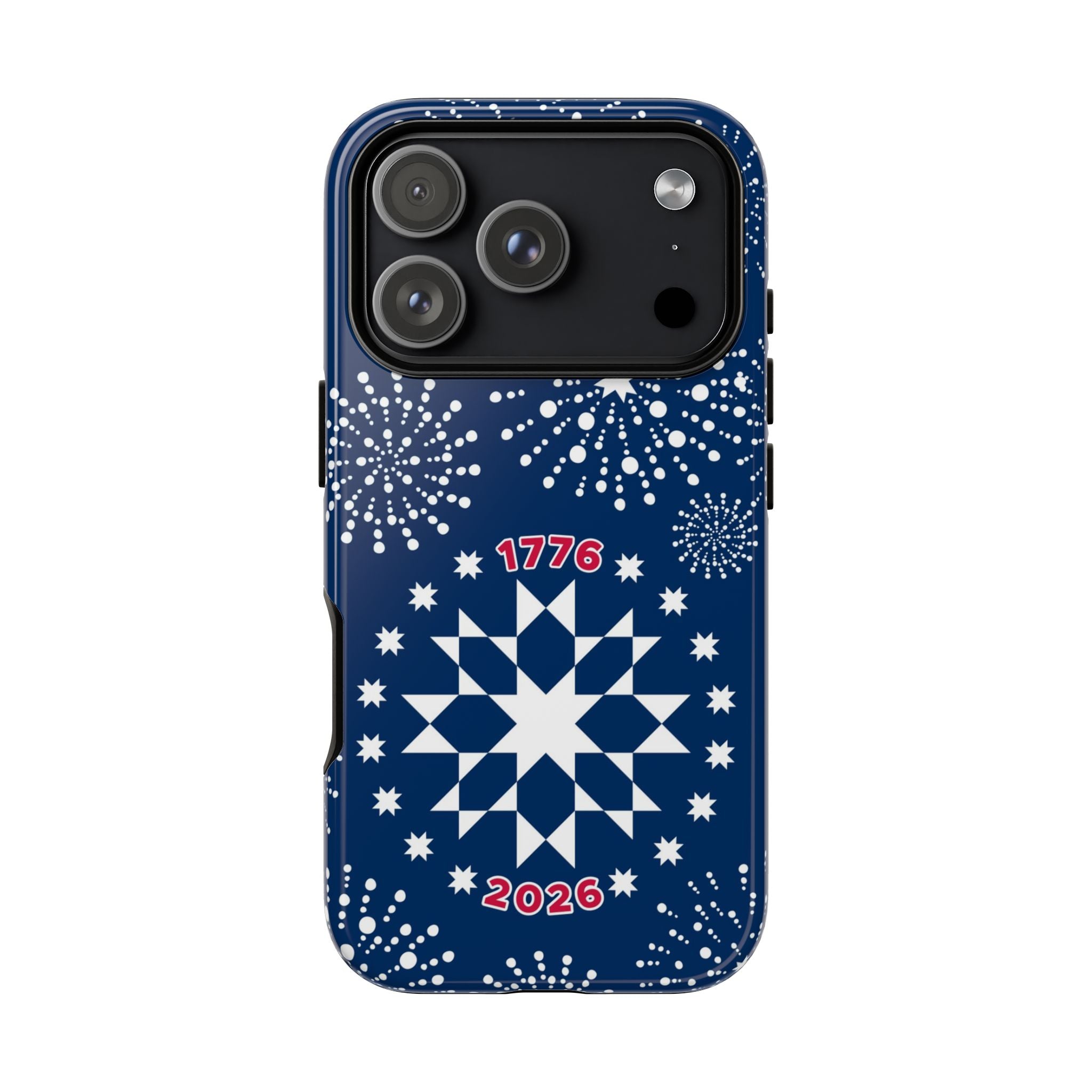 250th Fireworks Tough iPhone 17 Pro Case – Glossy | navy, white patriotic star quilt fireworks print