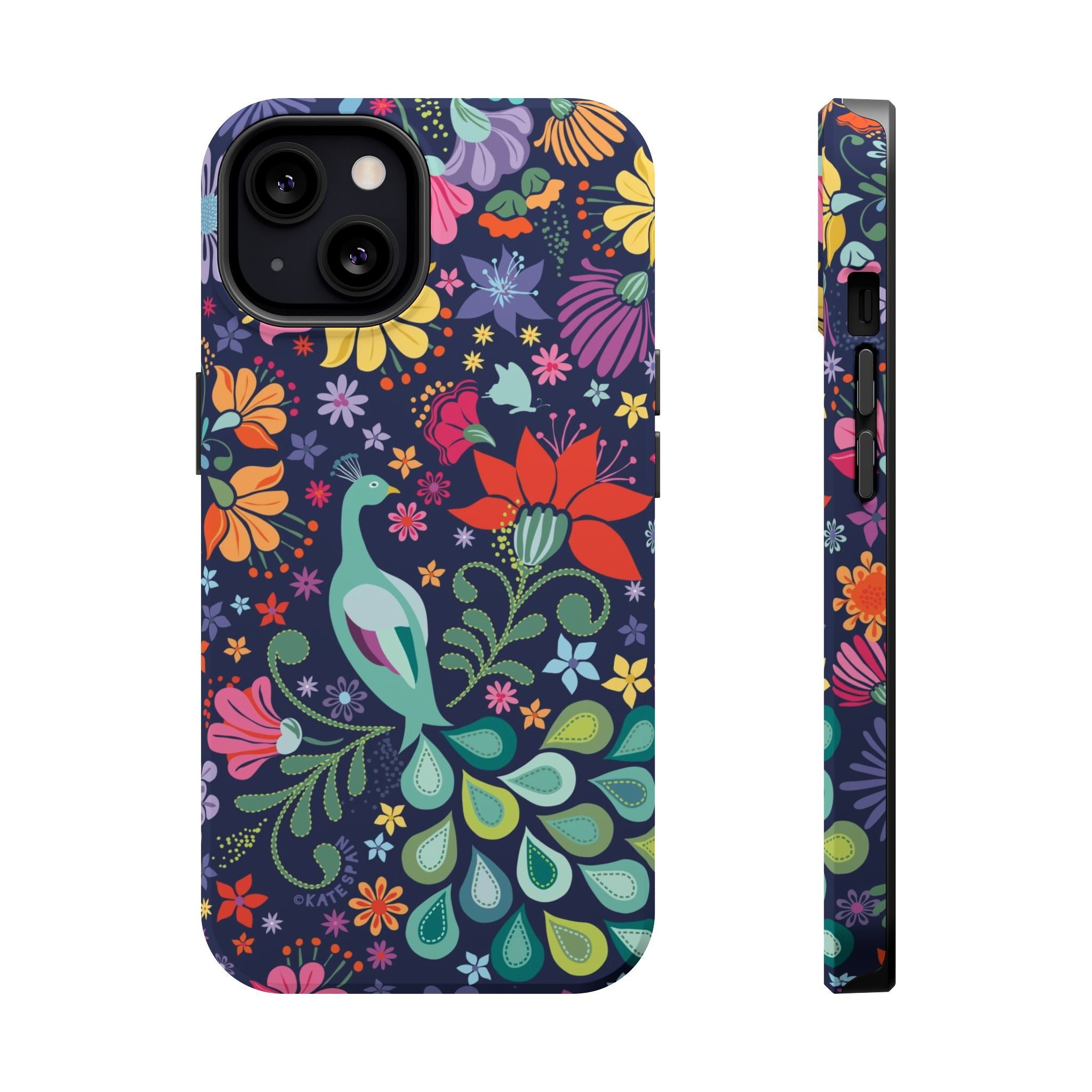 Peacock Sanctuary MagSafe iPhone 13 Case – Matte | navy, teal, ivory peacock botanical print MagSafe compatible, dual-layer protection