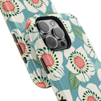 Panache Floral MagSafe iPhone 16 Pro Max Case – Glossy angled view closeup of camera cutout and buttons | sky blue, pale cream, pink anemone floral print