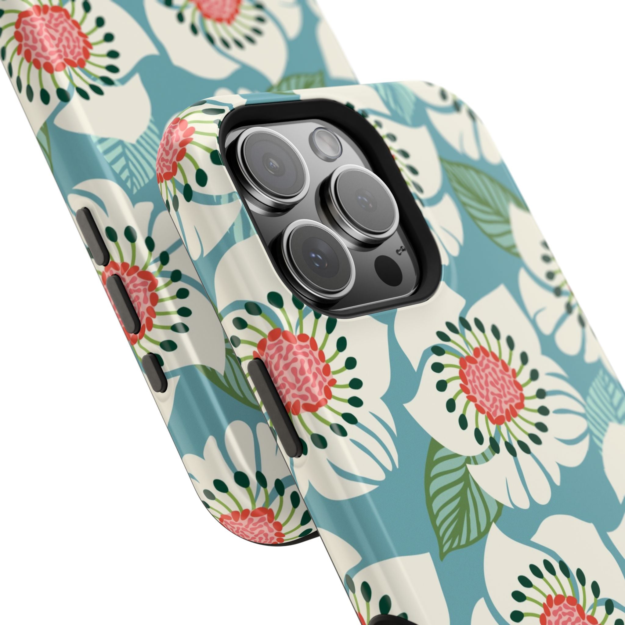 Panache Floral MagSafe iPhone 16 Pro Max Case – Glossy angled view closeup of camera cutout and buttons | sky blue, pale cream, pink anemone floral print