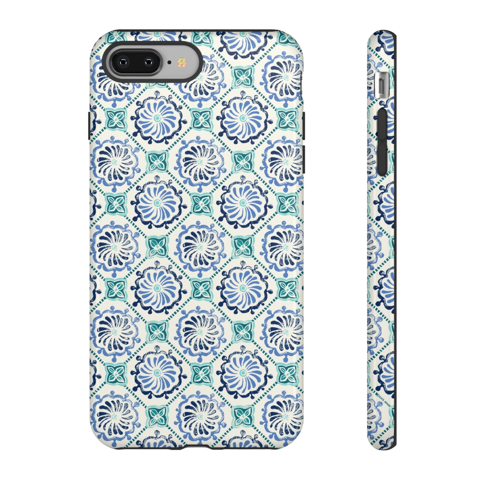 Horizon Blue Tile Tough iPhone 8 Plus Case – Glossy | blue, turquoise, cream white dual-layer protection