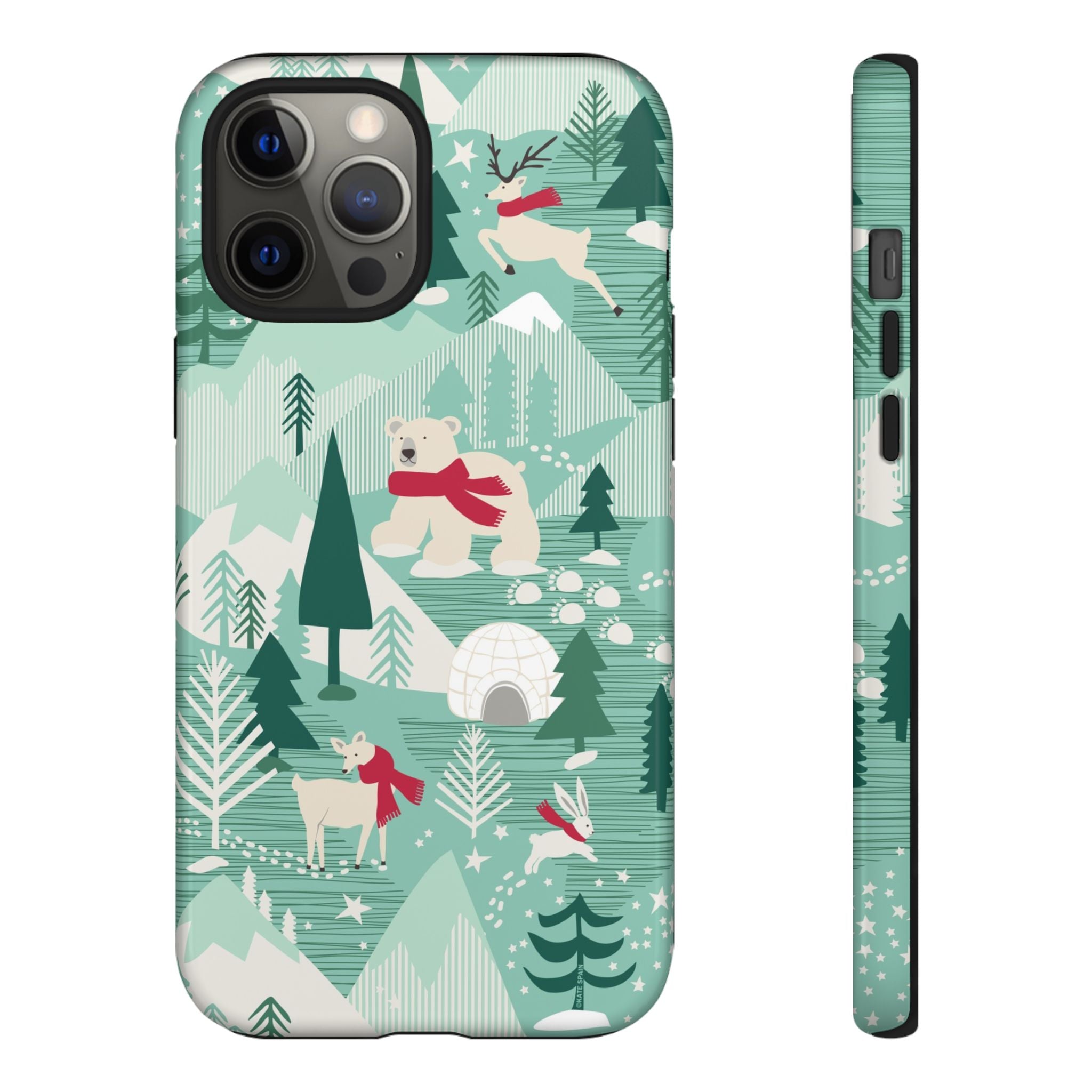 Arctica Winter Tough iPhone 12 Pro Max Case – Glossy | aqua, evergreen, white, animal frolic winter wonderland print