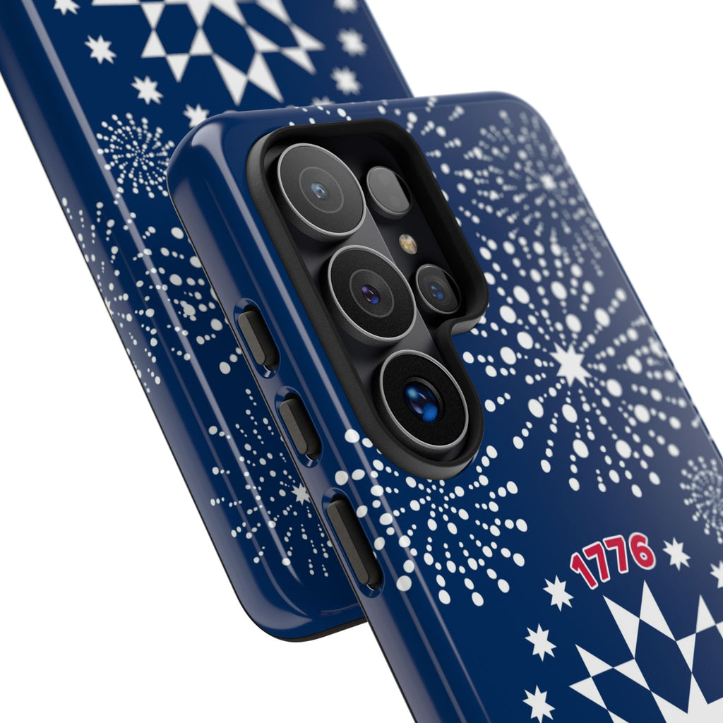 250th Fireworks Samsung Galaxy S26 Ultra Case – side view of buttons and camera cut-out in case in navy, white patriotic star quilt fireworks print