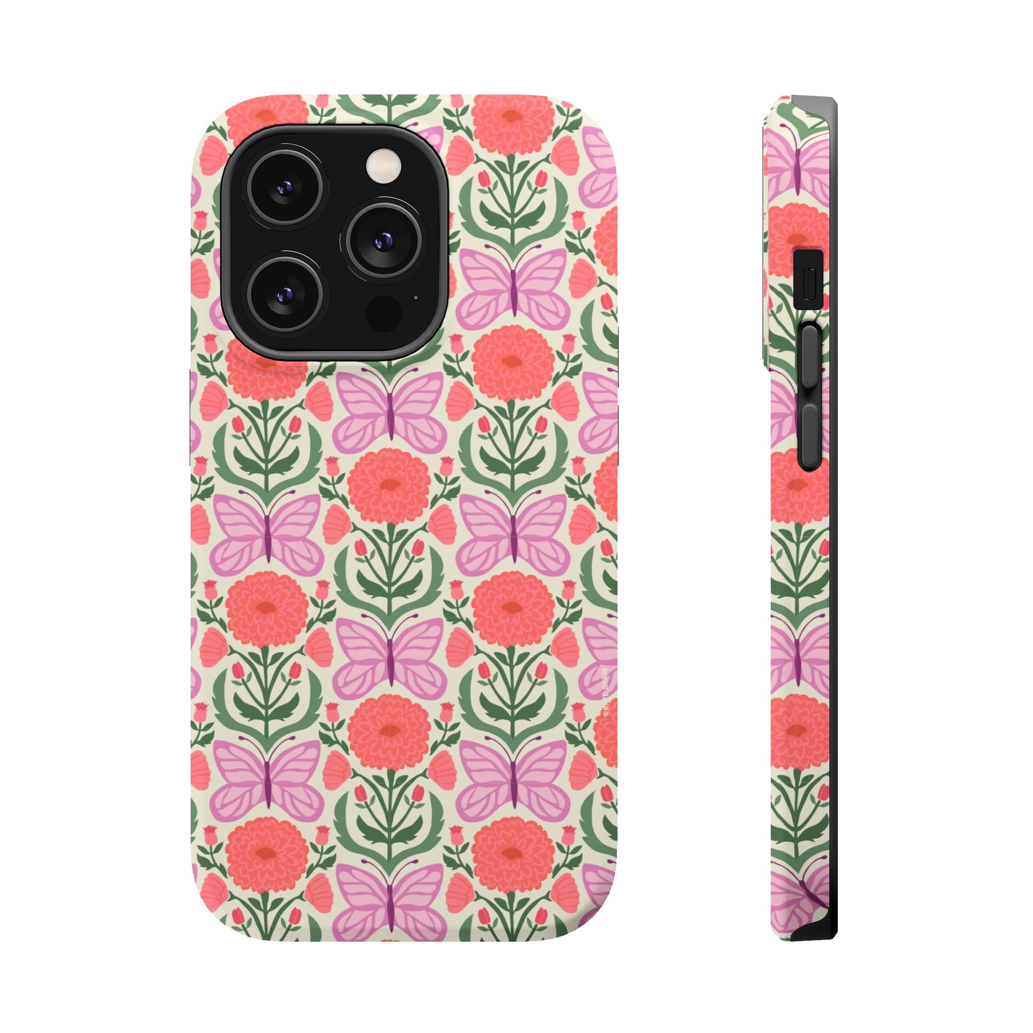 Pink Butterfly MagSafe iPhone 14 Pro Case – Matte | cream, coral, lavender, green butterfly floral print