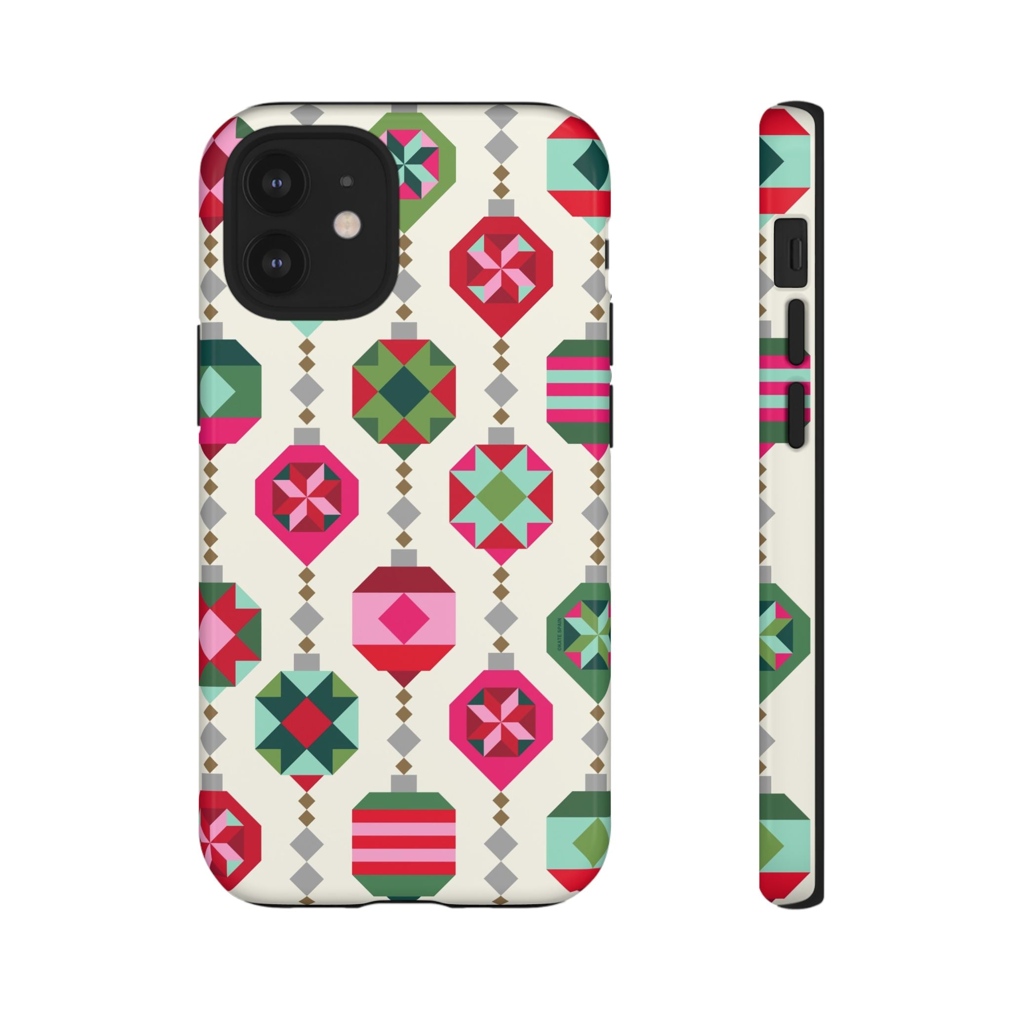 Felicity Ornaments Tough iPhone 12 Mini Case – Glossy | cream, red, pink, green, mint geometric quilted ornament print
