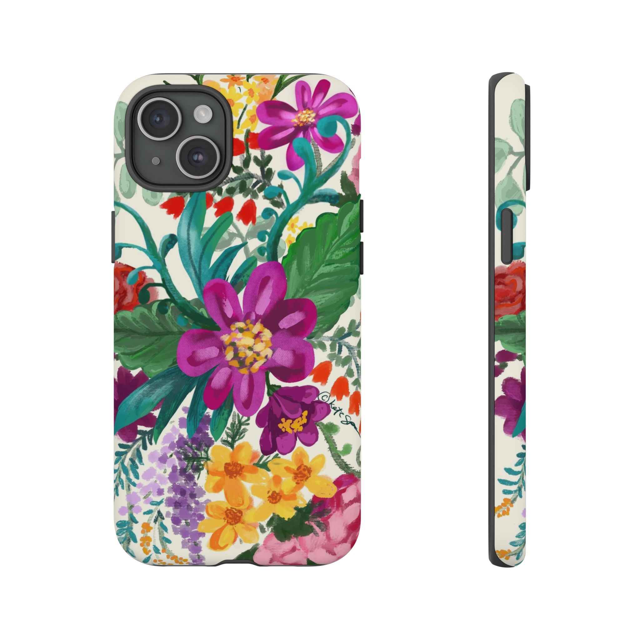 Posy Tough iPhone 15 Plus Case – Matte | cream, magenta, coral botanical floral print