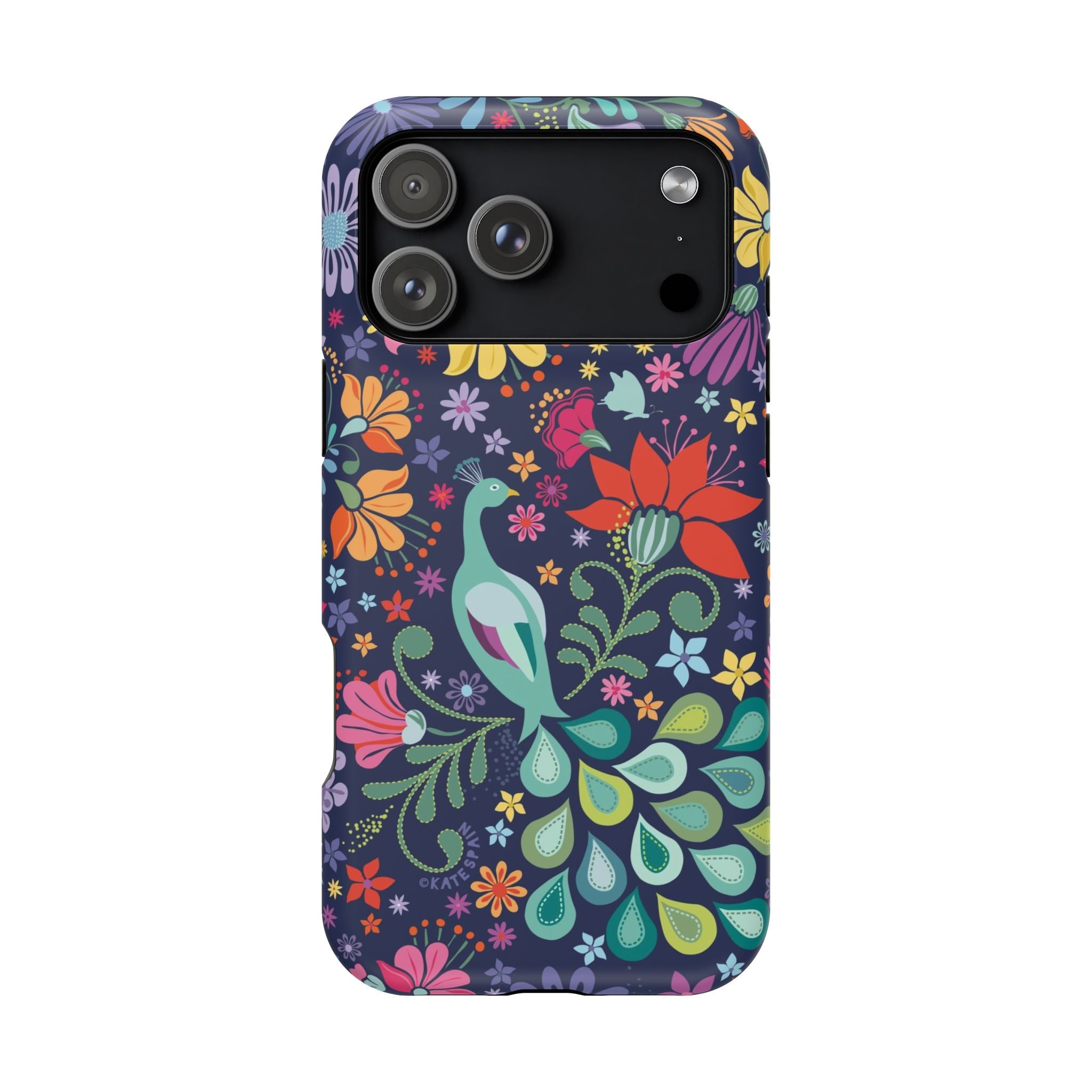 Peacock Sanctuary MagSafe iPhone 17 Pro Max Case – Matte | navy, teal, ivory peacock botanical print MagSafe compatible, dual-layer protection