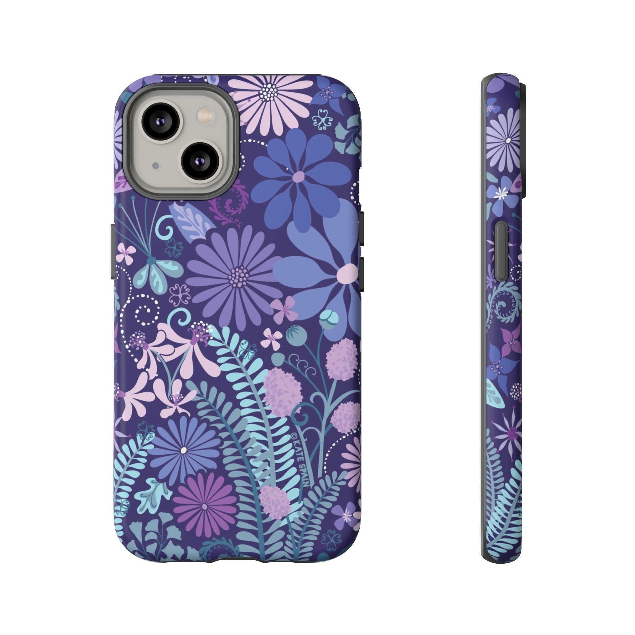 Luxury Terrain Tough iPhone 14 Case – Matte | navy, purple, aqua botanical woodland floral print