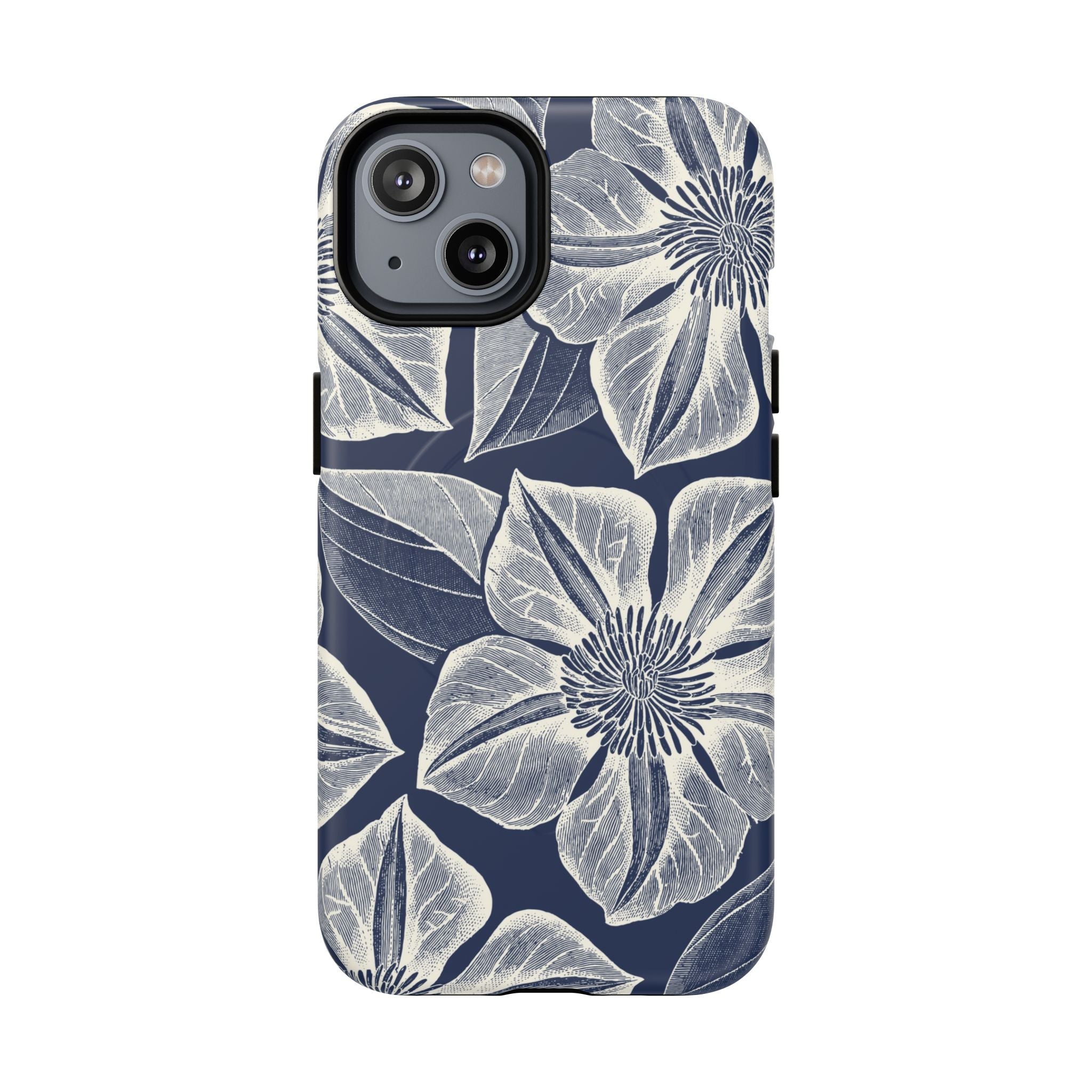 Vintage Bloom Navy MagSafe iPhone 14 Case – Matte | navy ground, large-scale white clematis print, engraved petal detail, dual-layer protection