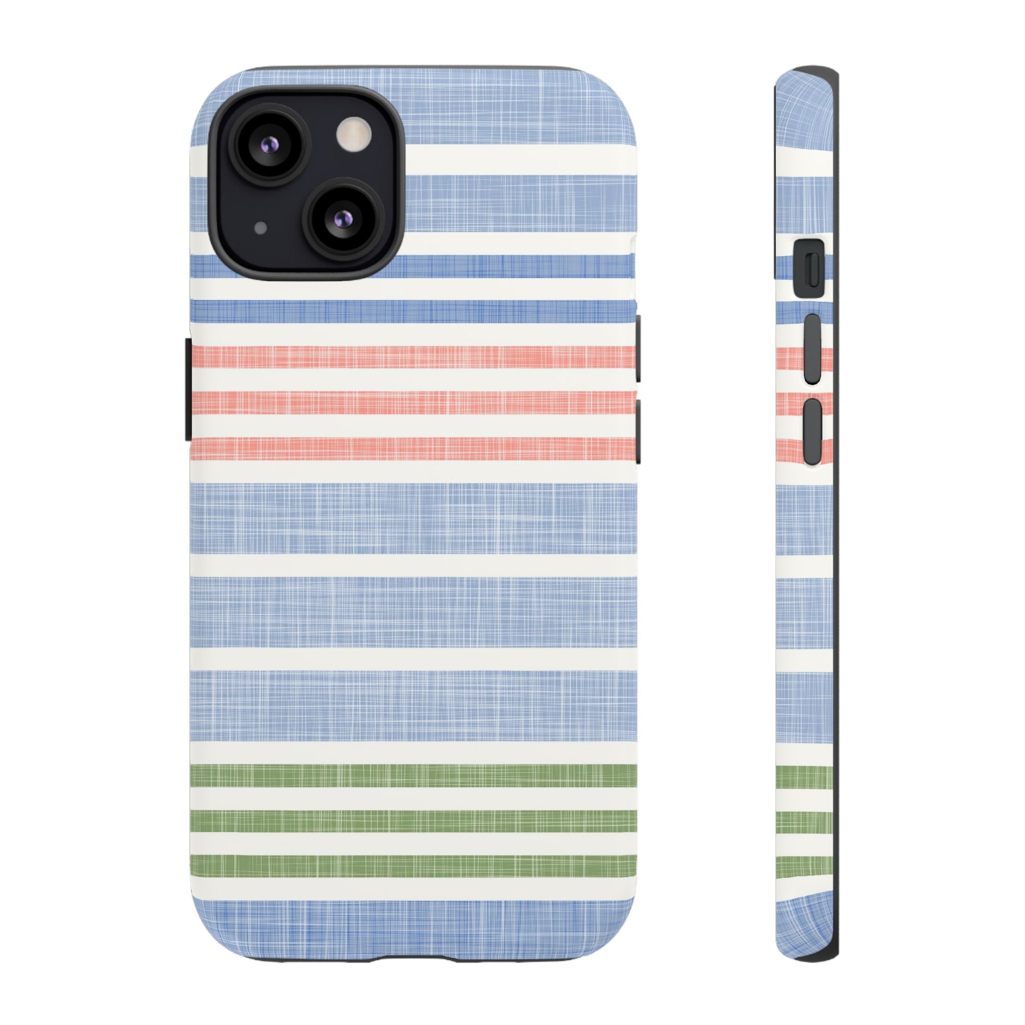 Cabana Stripe Pastel Tough iPhone 13 Case – Matte | soft blue, coral, sage green chambray-textured stripe print dual-layer protection