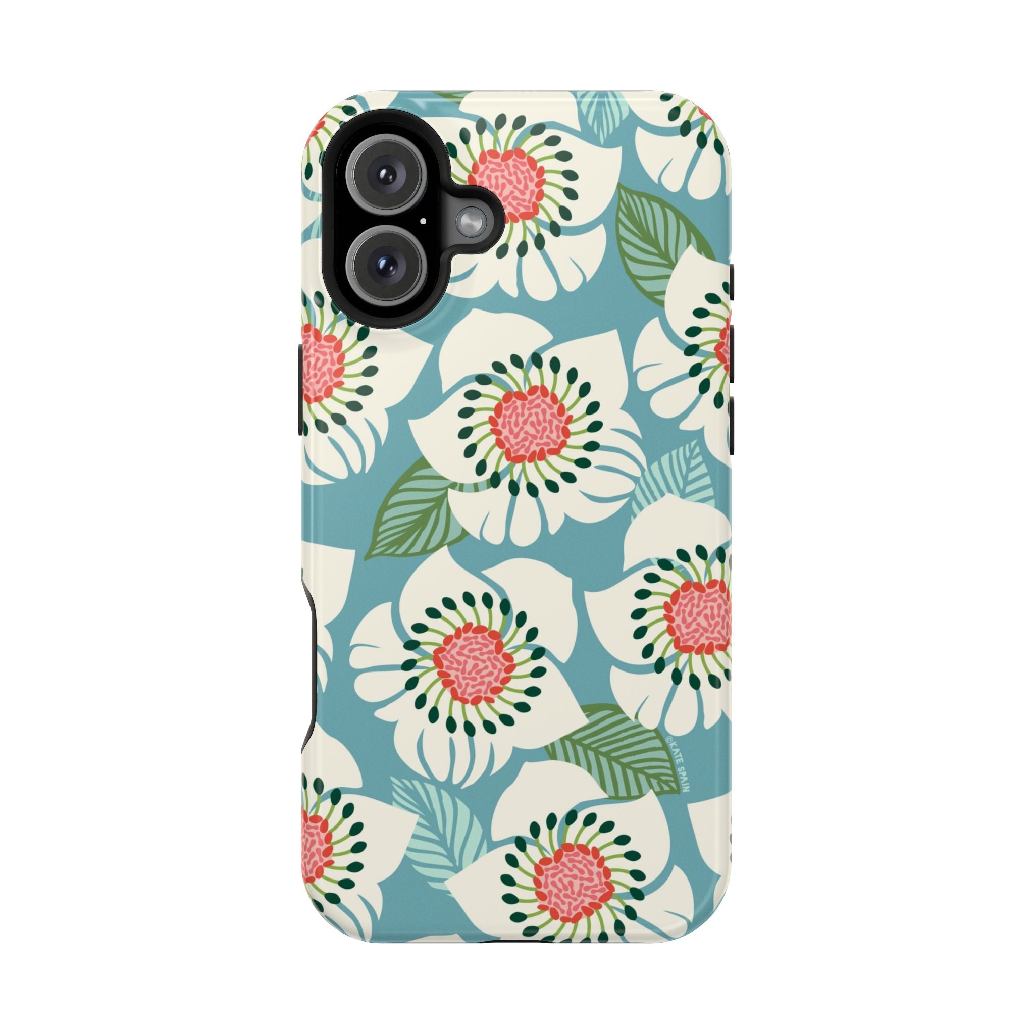 Panache Floral MagSafe iPhone 16 Plus Case – Glossy | sky blue, pale cream, pink anemone floral print