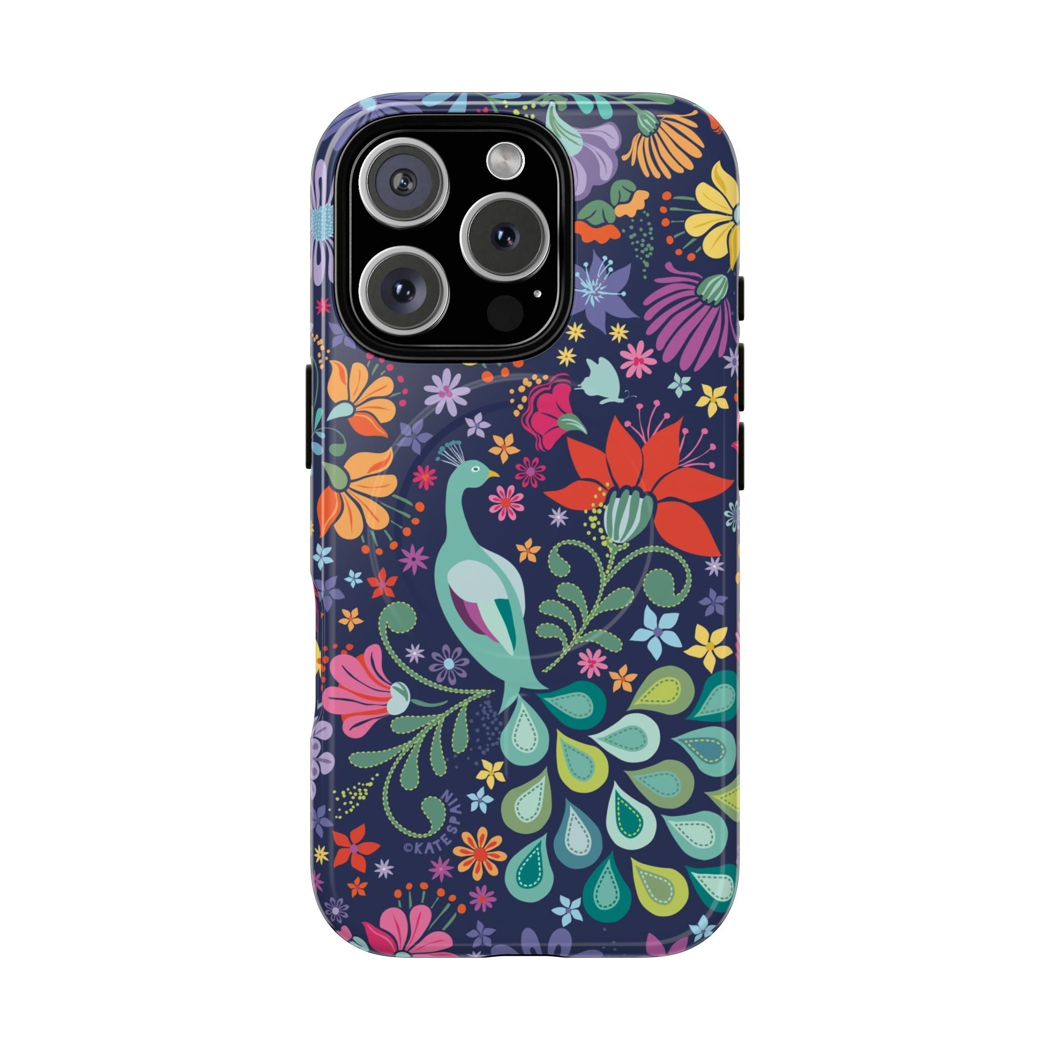 Peacock Sanctuary MagSafe iPhone 16 Pro Case – Glossy | navy, teal, coral multicolor vibrant peacock feather botanical print