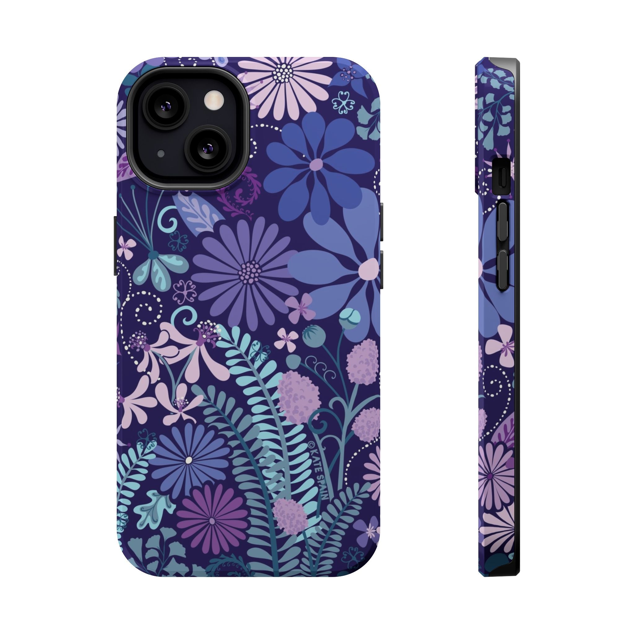 Luxury Terrain MagSafe iPhone 13 Case – Glossy | navy, purple, aqua botanical woodland floral print
