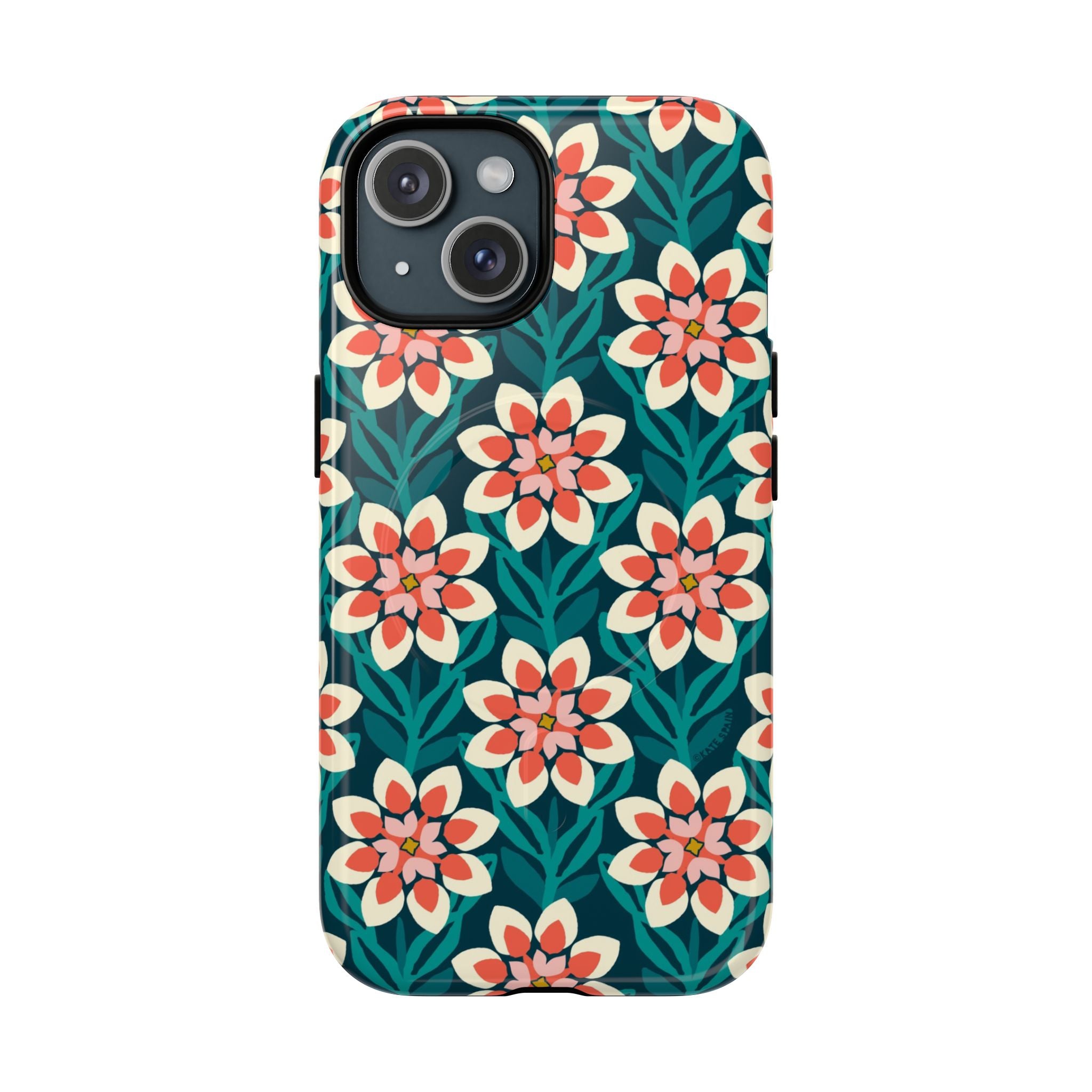 Modern Dahlia MagSafe iPhone 15 Case – Glossy | teal, coral, cream botanical dahlia floral print