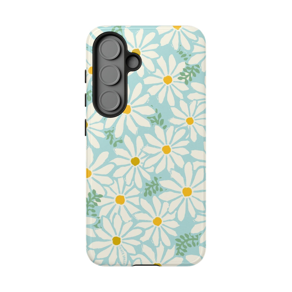 Luxury Daisies Samsung Galaxy S25 Case – Glossy | white, yellow, aqua daisy floral print