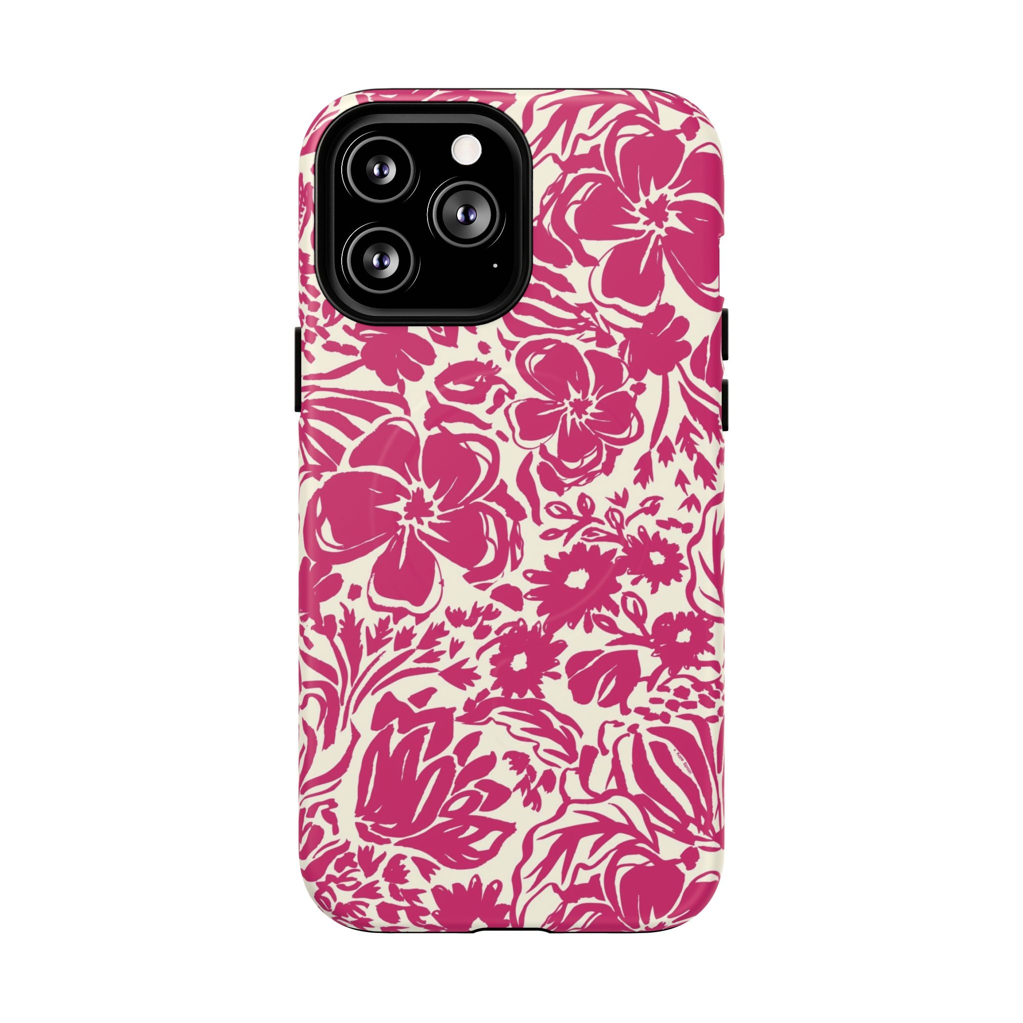Rhapsody Bright Pink MagSafe iPhone 13 Pro Max Matte case — bold magenta floral print on cream by Kate Spain