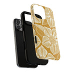Vintage Bloom Gold MagSafe iPhone 17 Case – Glossy | warm gold ground, large-scale cream clematis print, engraved petal detail | dual-layered view of case and inner lining in front of phone, with view of camera cutout and buttons