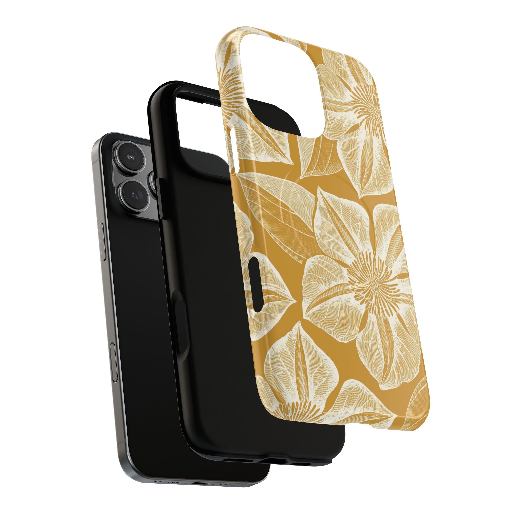 Vintage Bloom Gold MagSafe iPhone 17 Case – Glossy | warm gold ground, large-scale cream clematis print, engraved petal detail | dual-layered view of case and inner lining in front of phone, with view of camera cutout and buttons