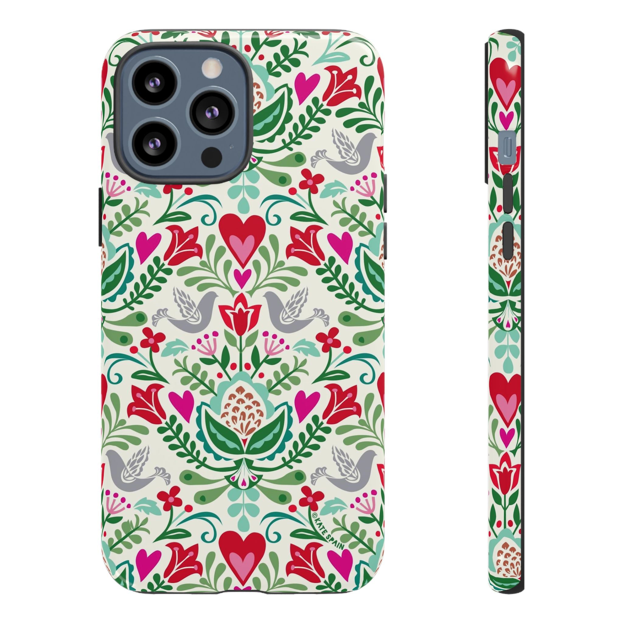 Rosemaling Tough iPhone 13 Pro Max Case – Glossy | cream, red, pink, green, gray folk art floral bird print