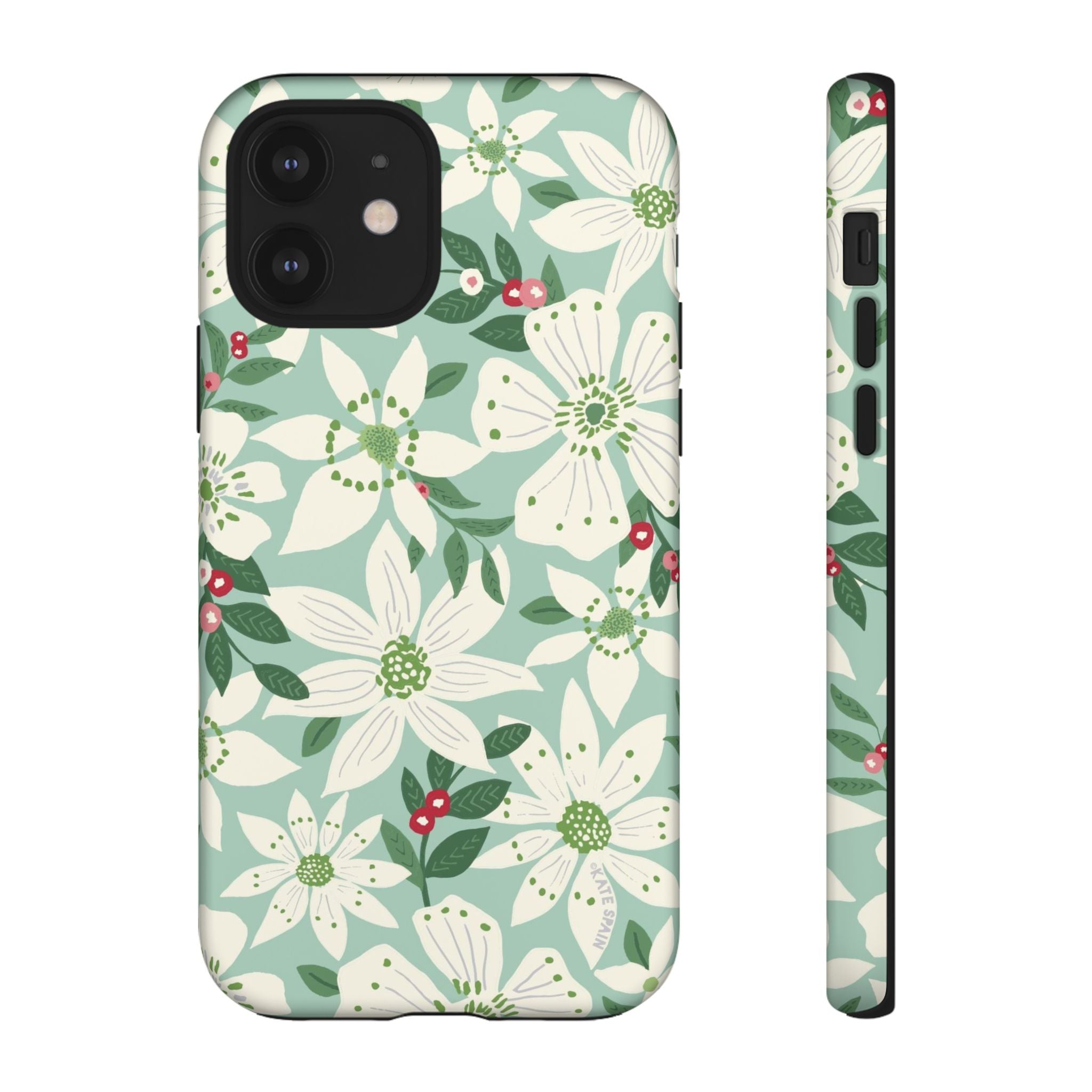 Gardenia Tough iPhone 12 Case – Matte | light blue, white, green, red gardenia botanical print