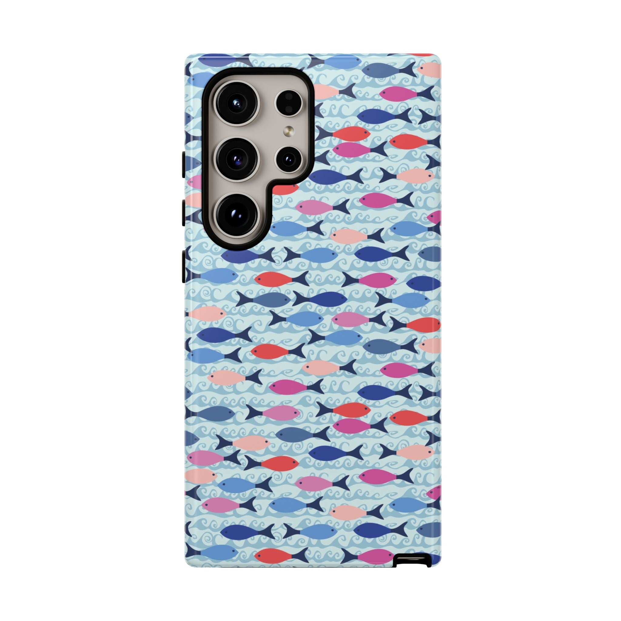 Summer Minnows Samsung Galaxy S24 Ultra Case – Glossy | navy, coral, pink, and periwinkle fish on a pale aqua ground