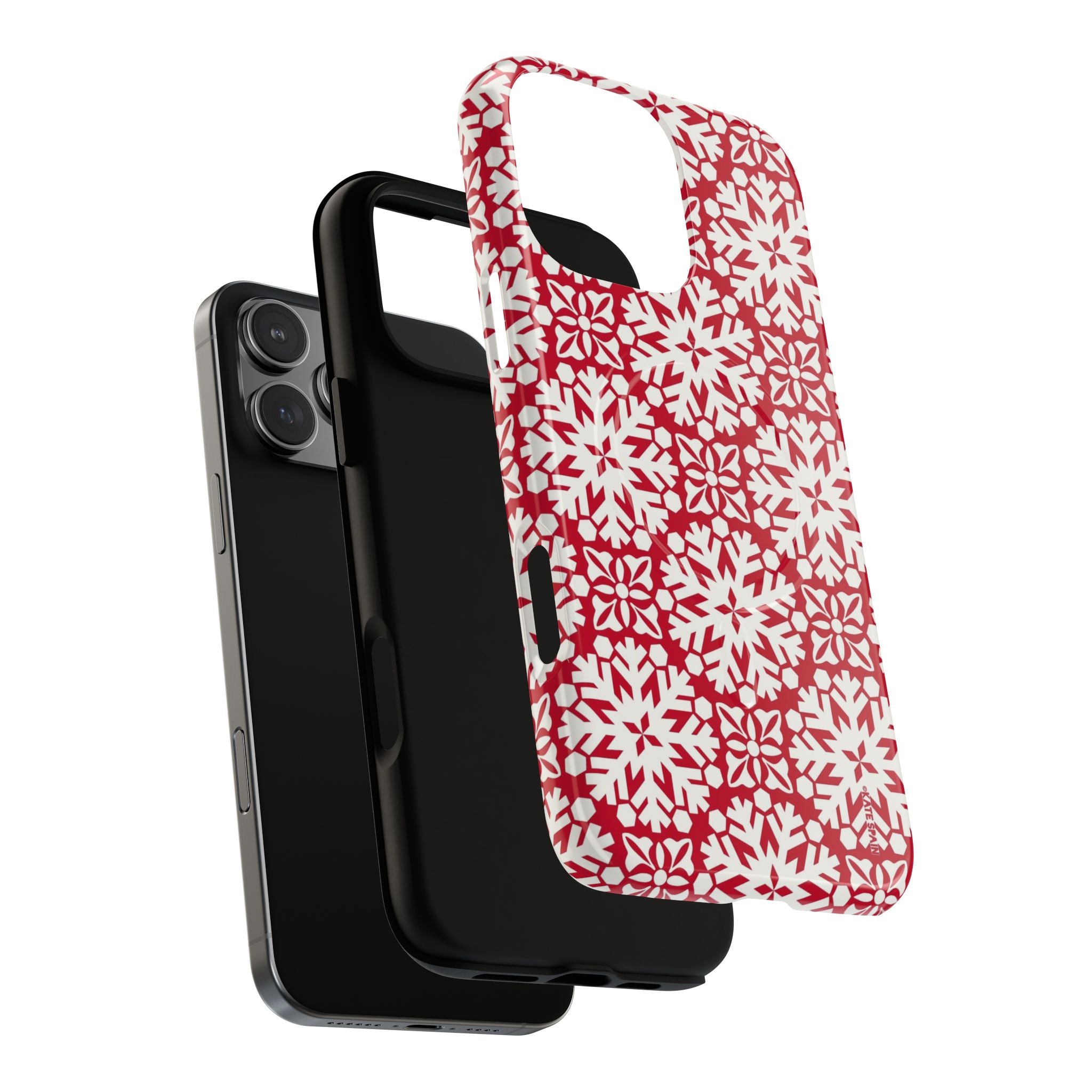 Flurry MagSafe iPhone 16 Pro Max Case – Dual-layered view of case and inner lining in front of phone, with view of camera cutout and buttons | red and cream geometric snowflake tile print