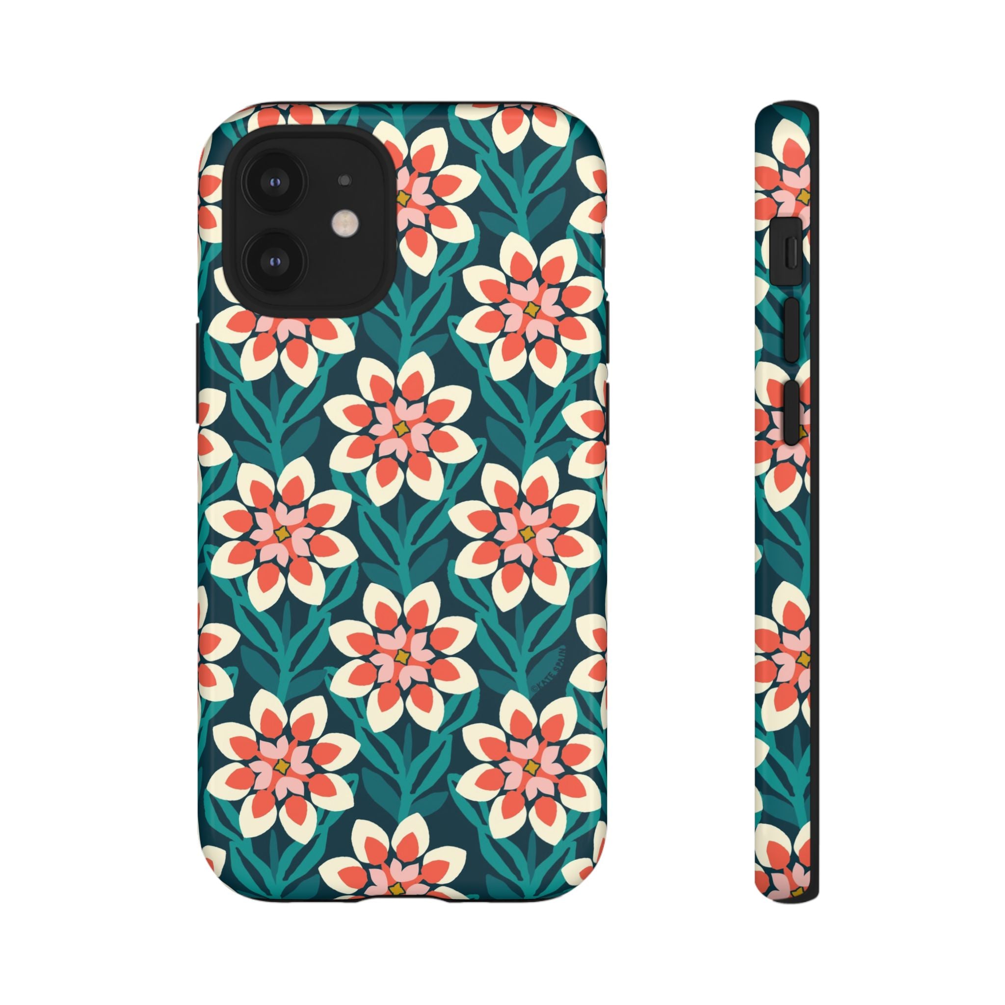 Modern Dahlia Tough iPhone 12 mini Case – Glossy | teal, coral, cream geometric dahlia floral print