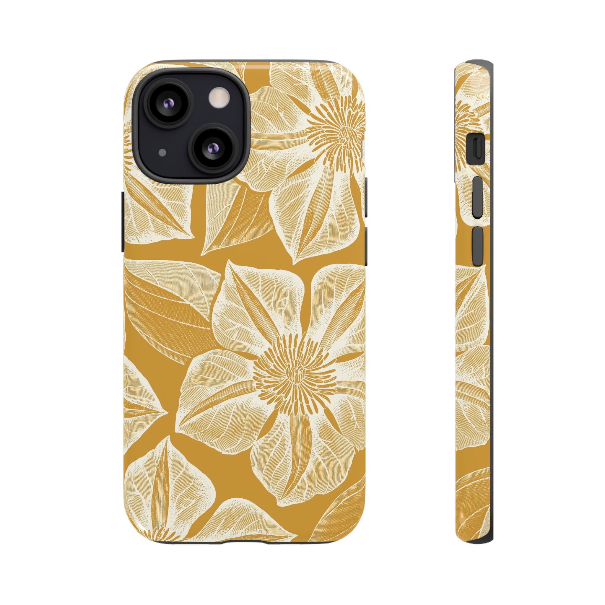 Vintage Bloom Gold iPhone 13 Mini case – Glossy | gold ground, large-scale cream clematis print, engraved petal detail, dual-layer protection