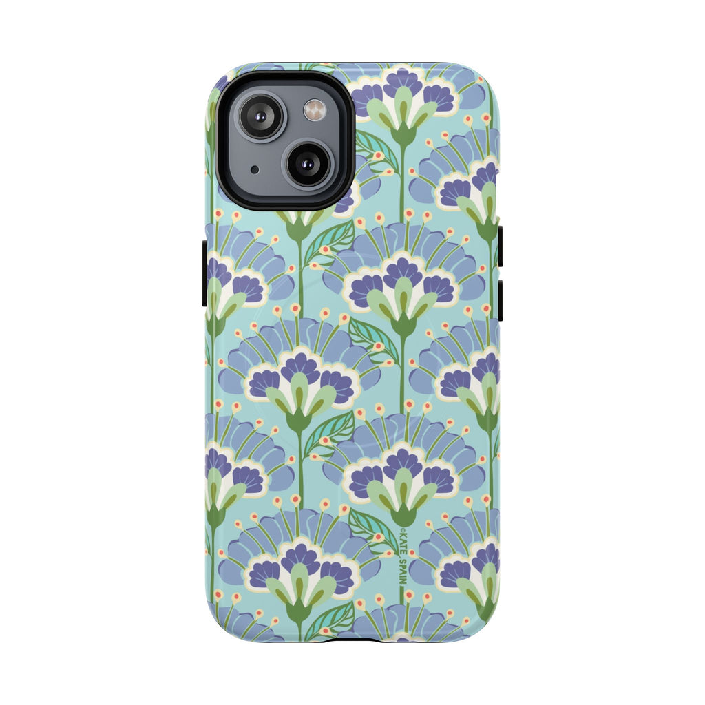 Lantern Flower MagSafe iPhone 14 Case – Glossy | aqua, periwinkle, green botanical lantern floral print