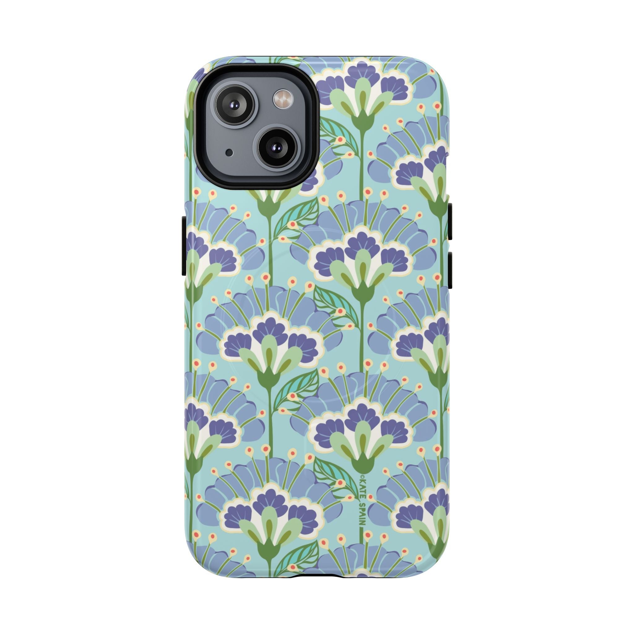 Lantern Flower MagSafe iPhone 14 Case – Glossy | aqua, periwinkle, green botanical lantern floral print