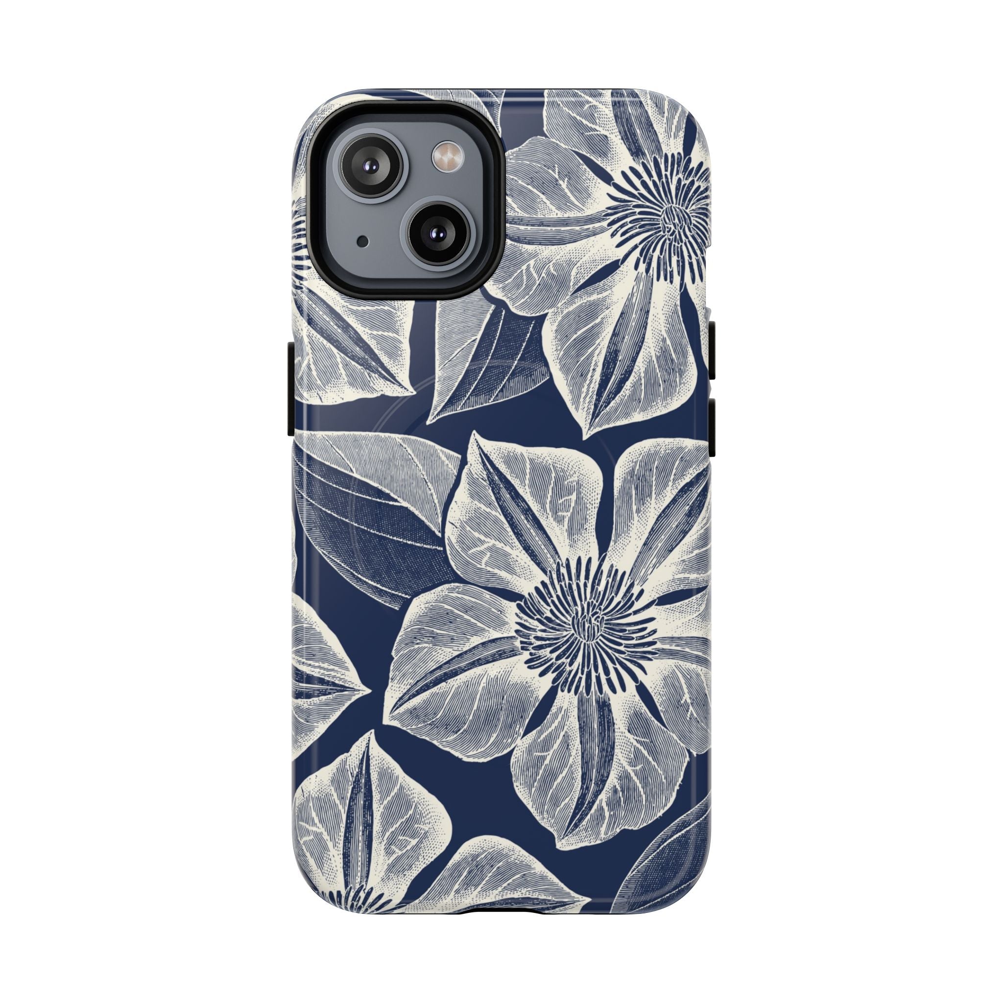 Vintage Bloom Navy MagSafe iPhone 14 Case – Glossy | navy ground, large-scale white clematis print, engraved petal detail, dual-layer protection