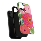 Bloomerie Fuchsia MagSafe iPhone 17 Case – Dual-layered view of case and inner lining in front of phone, with view of camera cutout and buttons | cream, magenta, coral botanical peony floral print